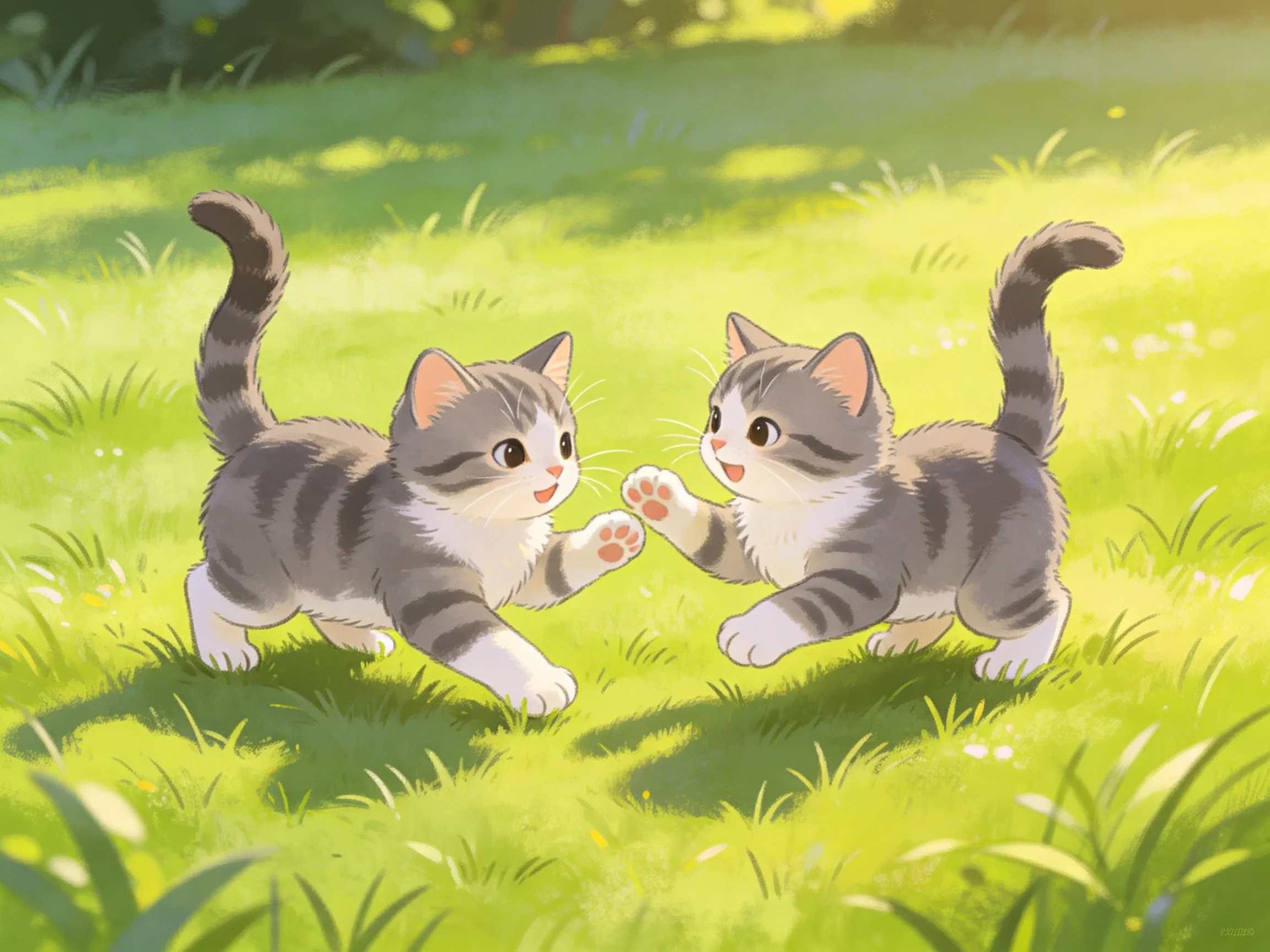 Two gray tabby kittens playfully interacting on sunlit grass