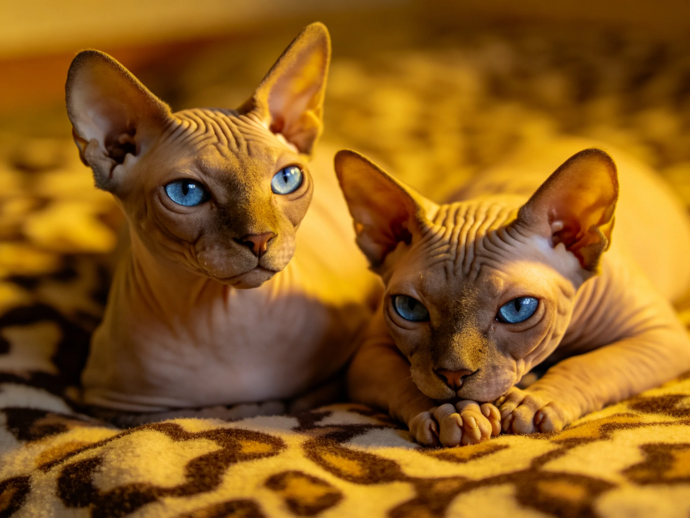 Two hairless Sphynx cats with blue eyes on a patterned blanket