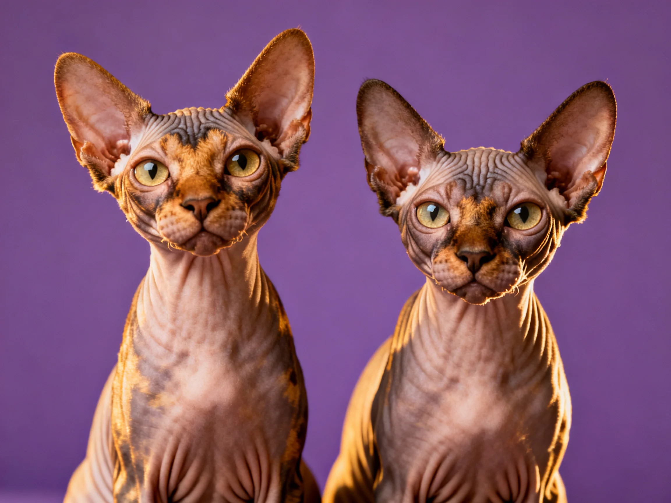 Two hairless Sphynx cats with prominent ears on a purple backdrop