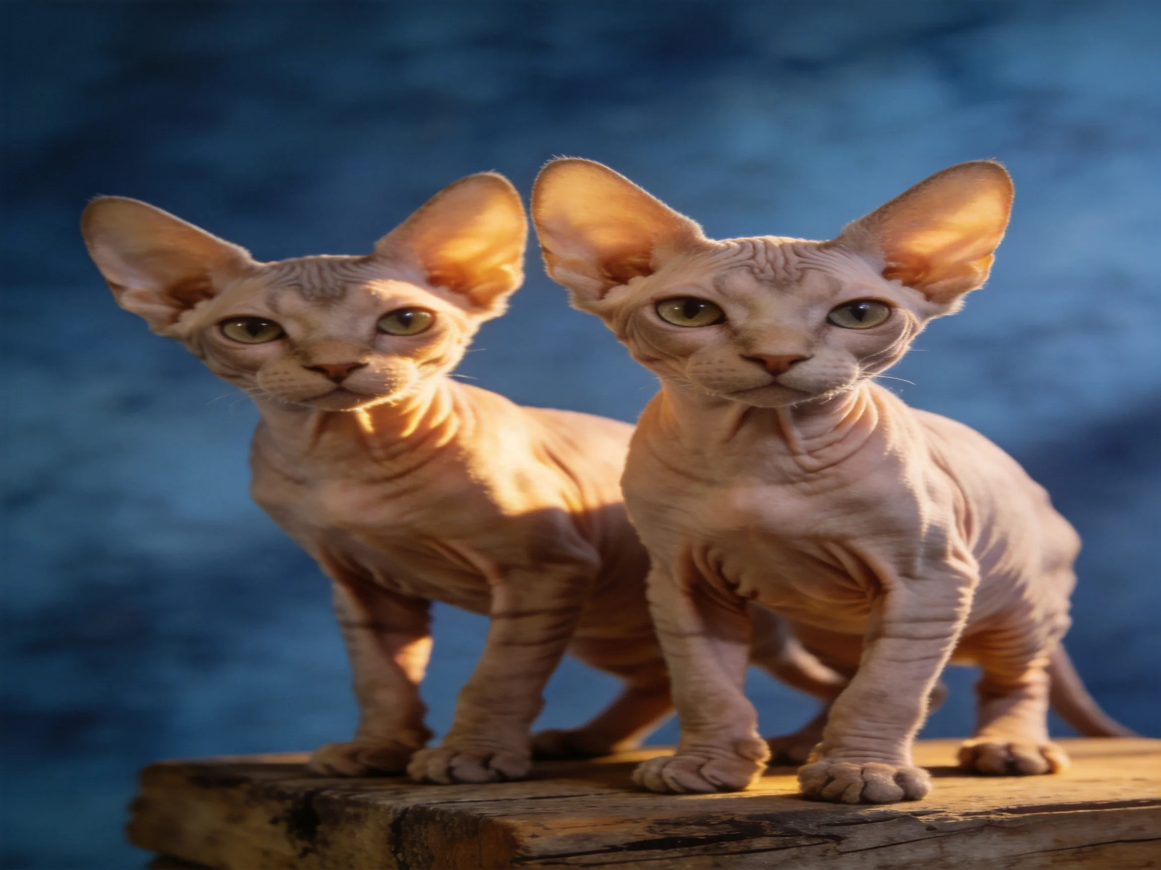 Two hairless Sphynx kittens on a wooden block with a blue backdrop