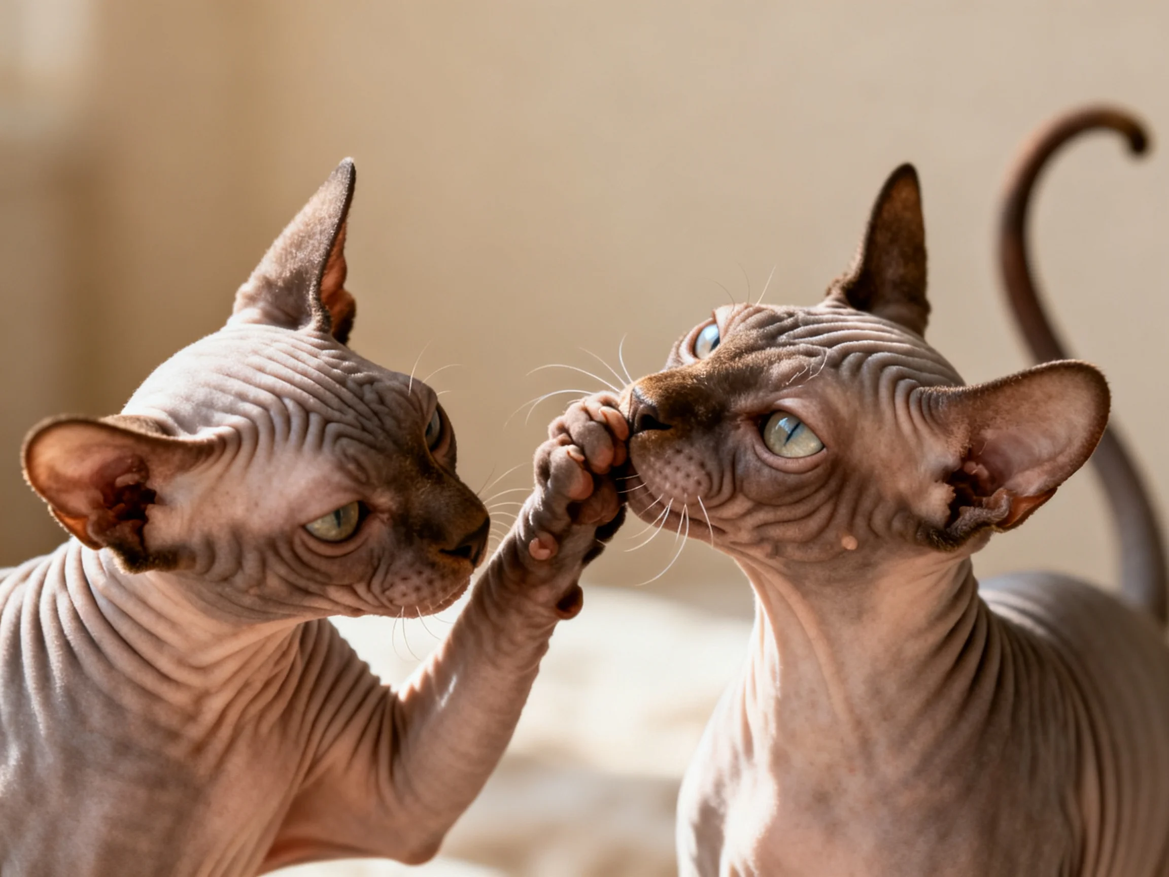 Two hairless gray cats nuzzling in soft indoor light