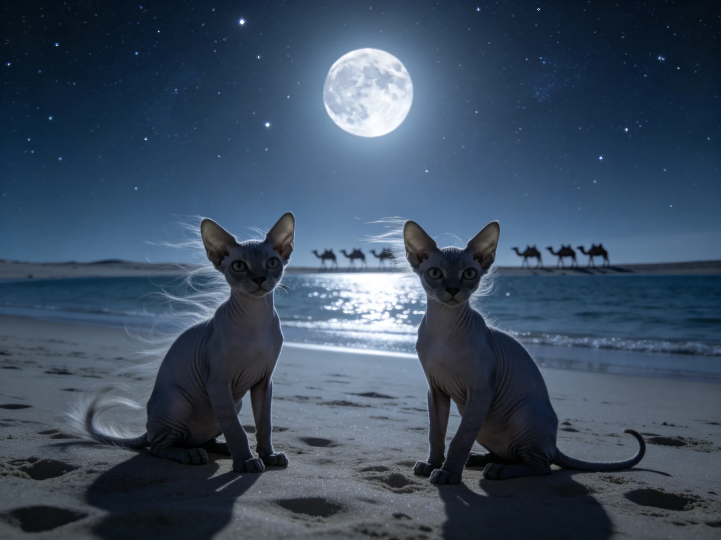 Two hairless gray cats sit on a sandy beach under a bright full moon