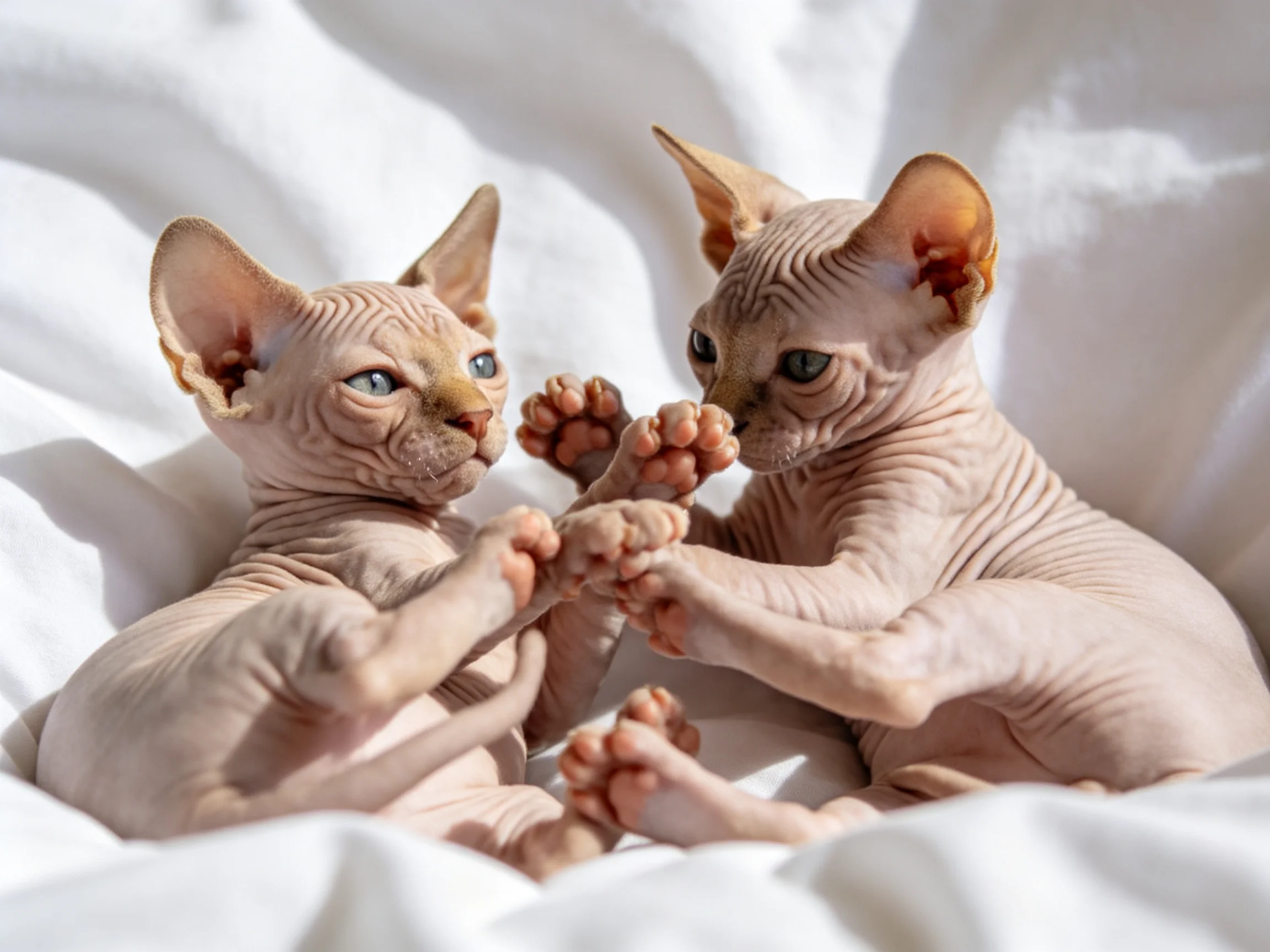 Two hairless kittens playfully interacting on white fabric