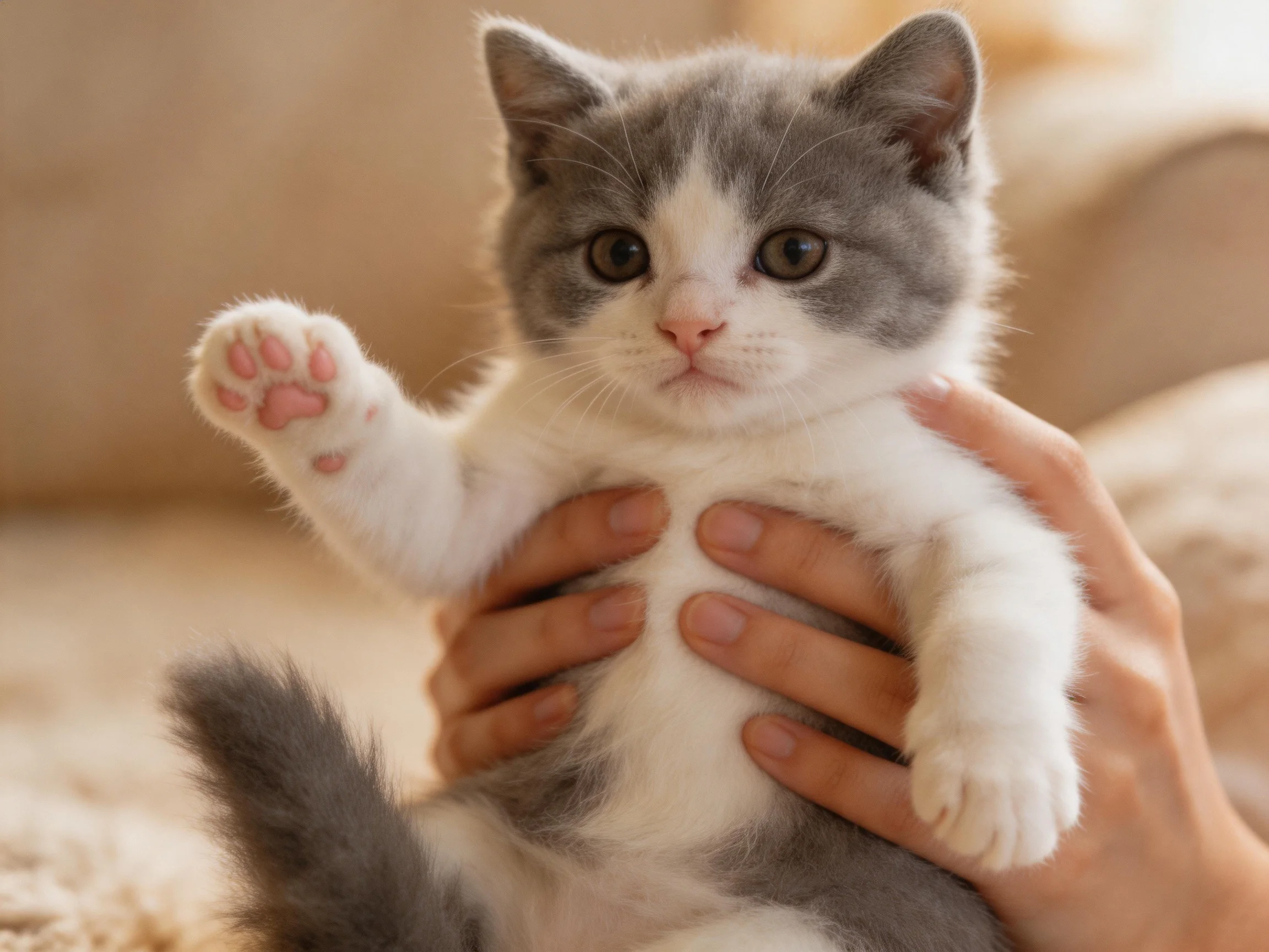 Two hands hold a gray and white kitten in a cozy setting