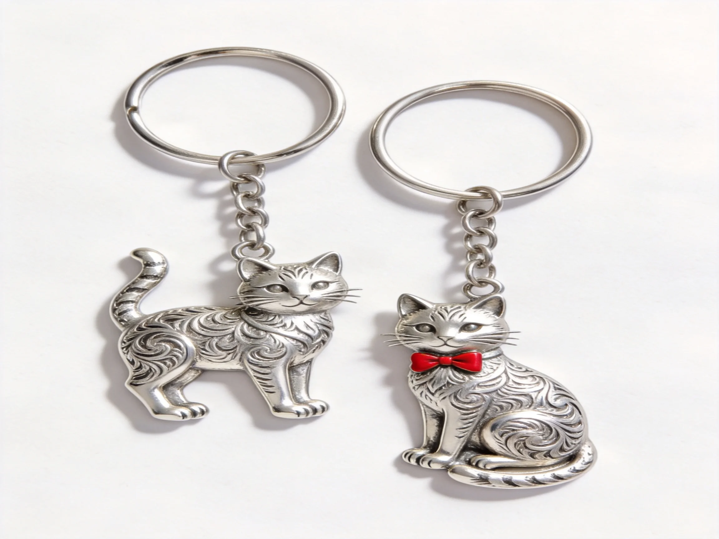 Two intricately designed silver cat keychains side by side