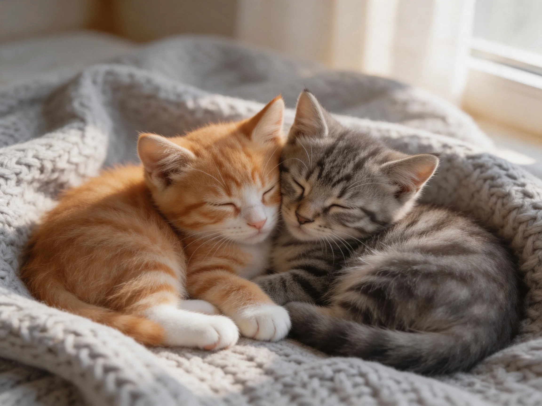 Two kittens cuddle on a soft gray blanket by a sunlit window