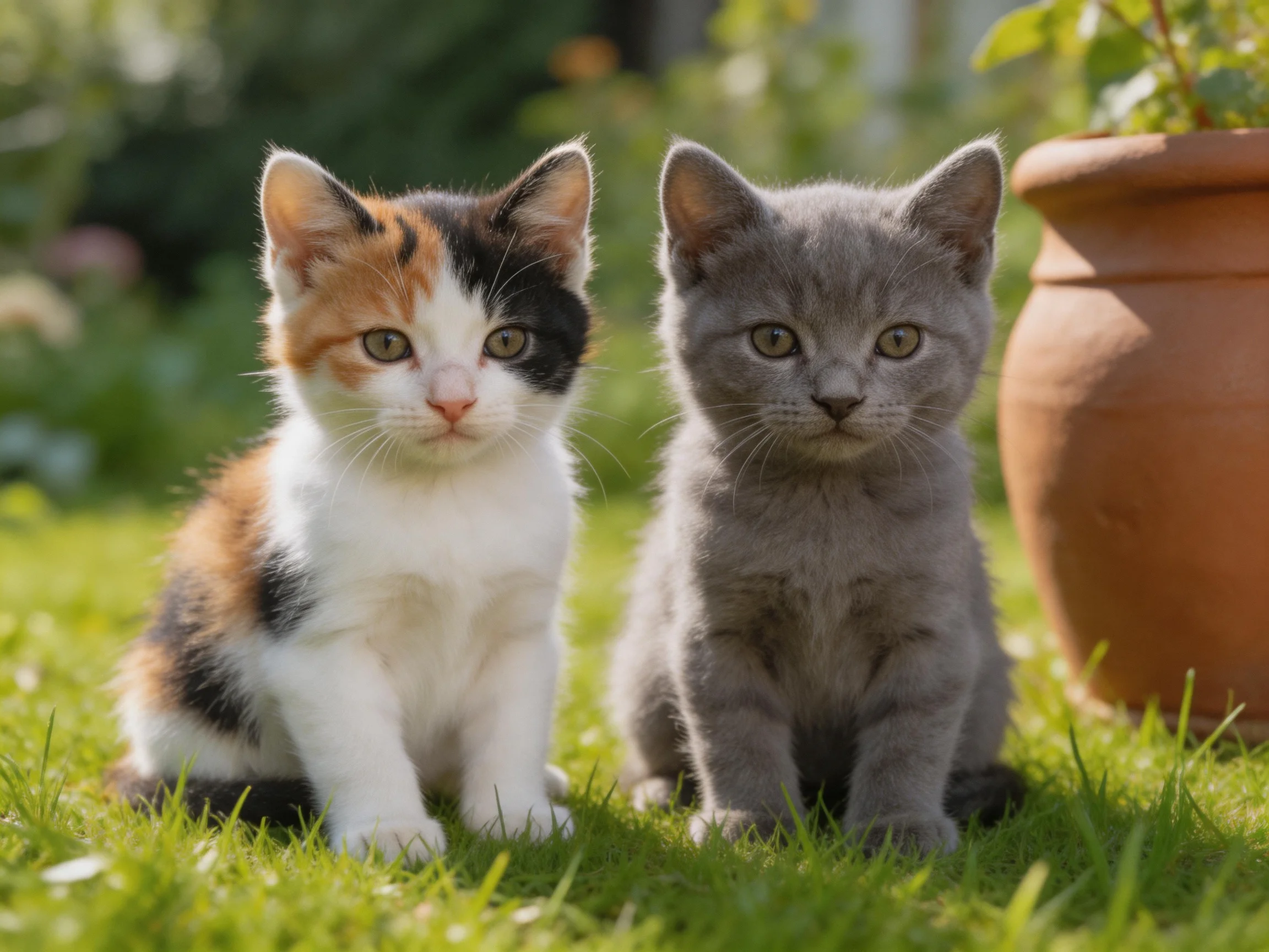 Two kittens, one calico, one gray, sit on green grass near a large terracotta pot