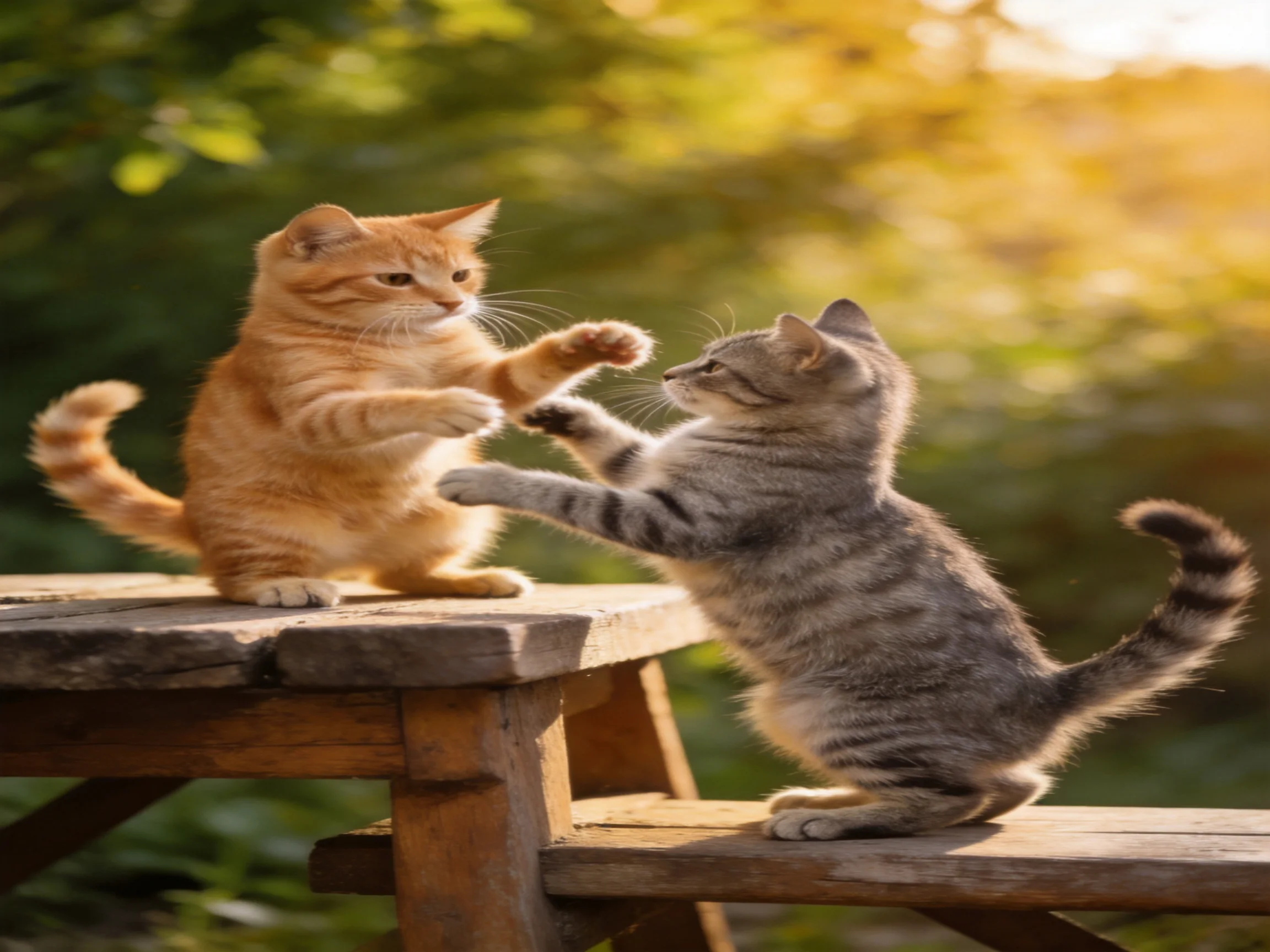 Two kittens, one orange and one tabby, play on wooden platforms in a sunlit garden.