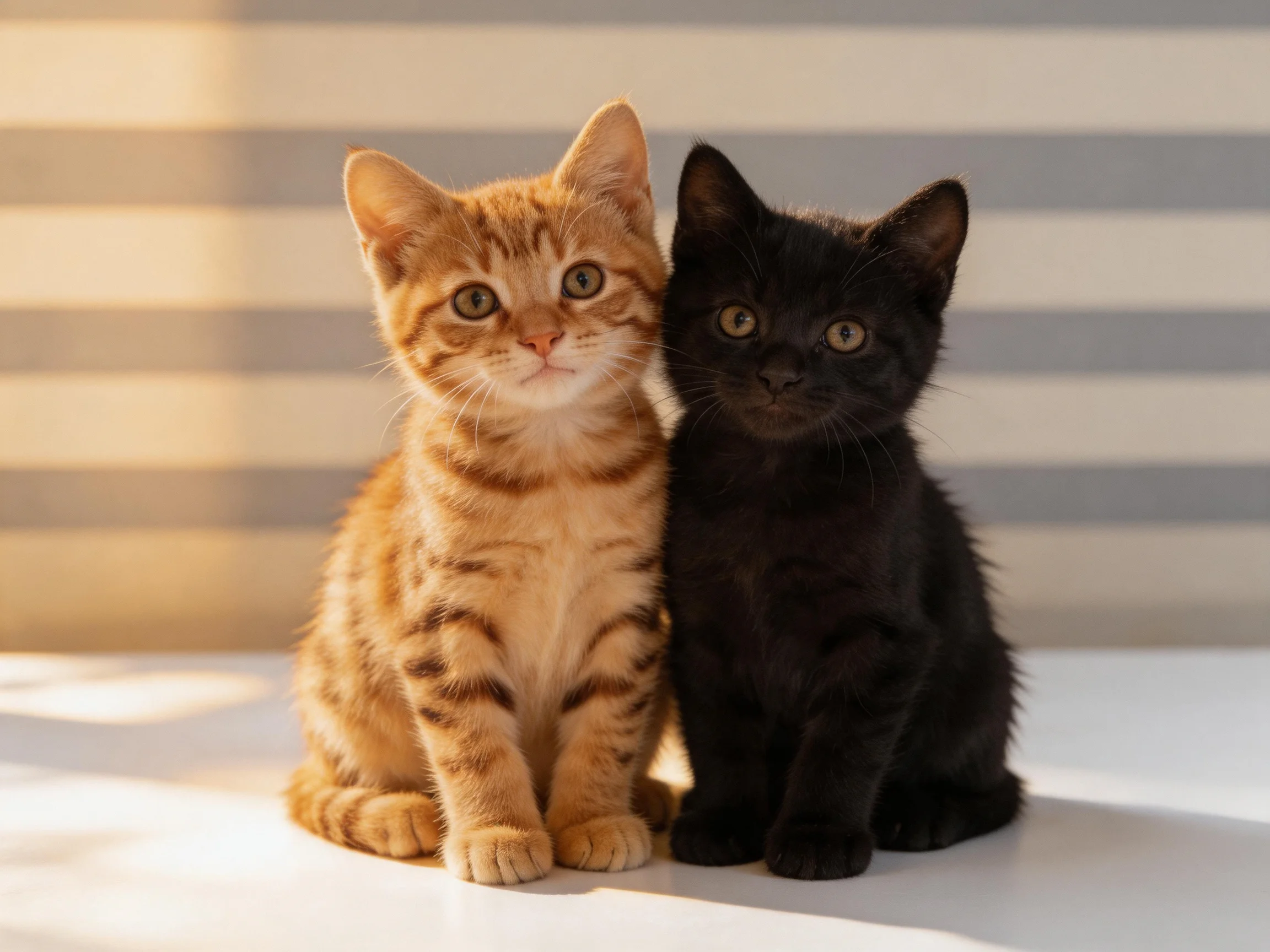 Two kittens, one orange tabby and one black, sit closely together on a bright surface