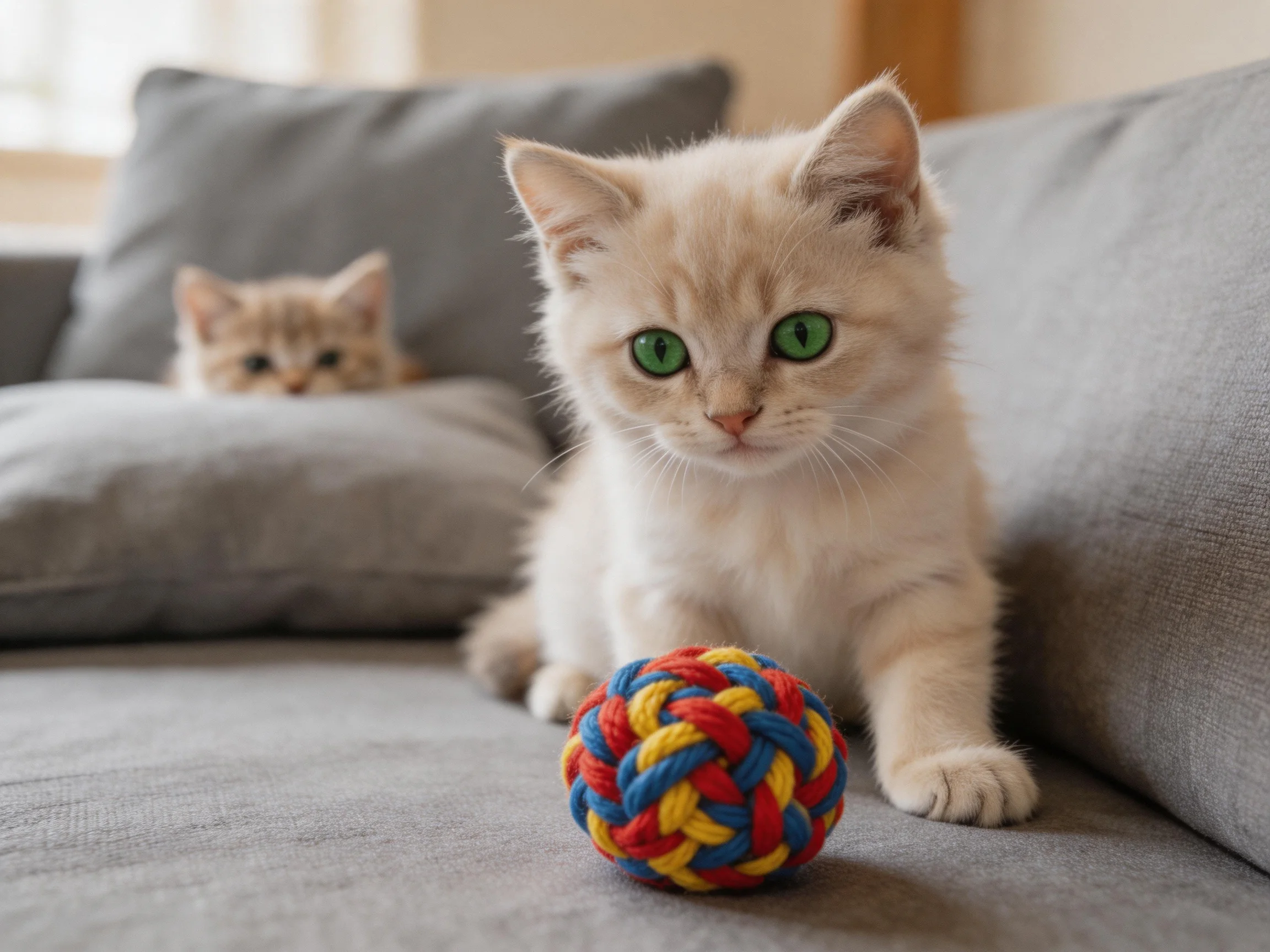 Two kittens, one playing with a colorful braided ball on a gray couch