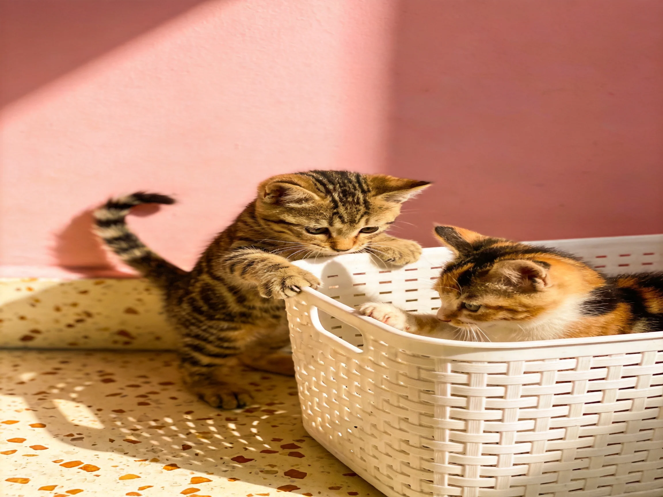 Two kittens—one tabby, one calico—explore a white basket near a pink wall