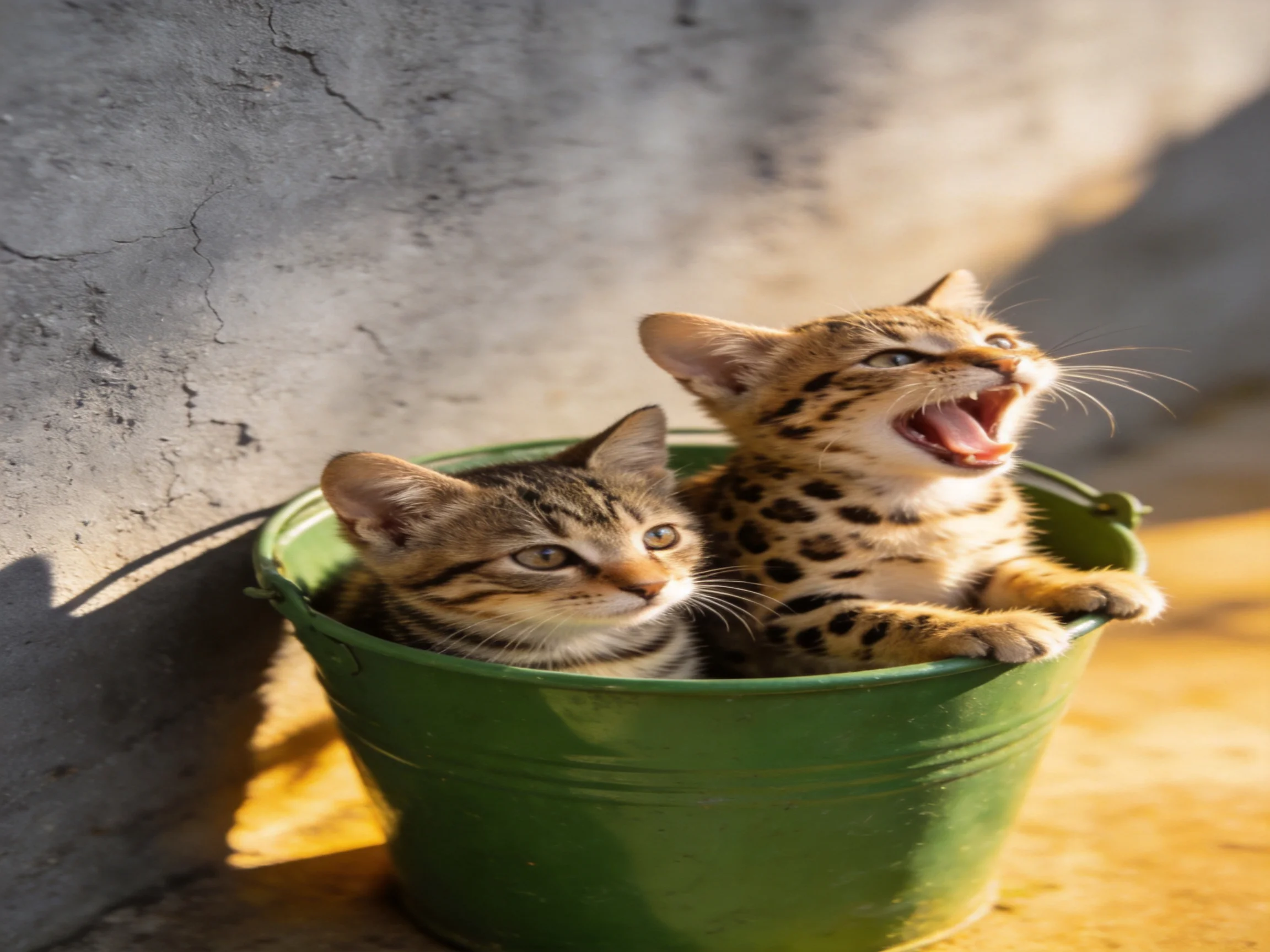 Two kittens—one tabby, one spotted—sit in a green bucket by a gray wall