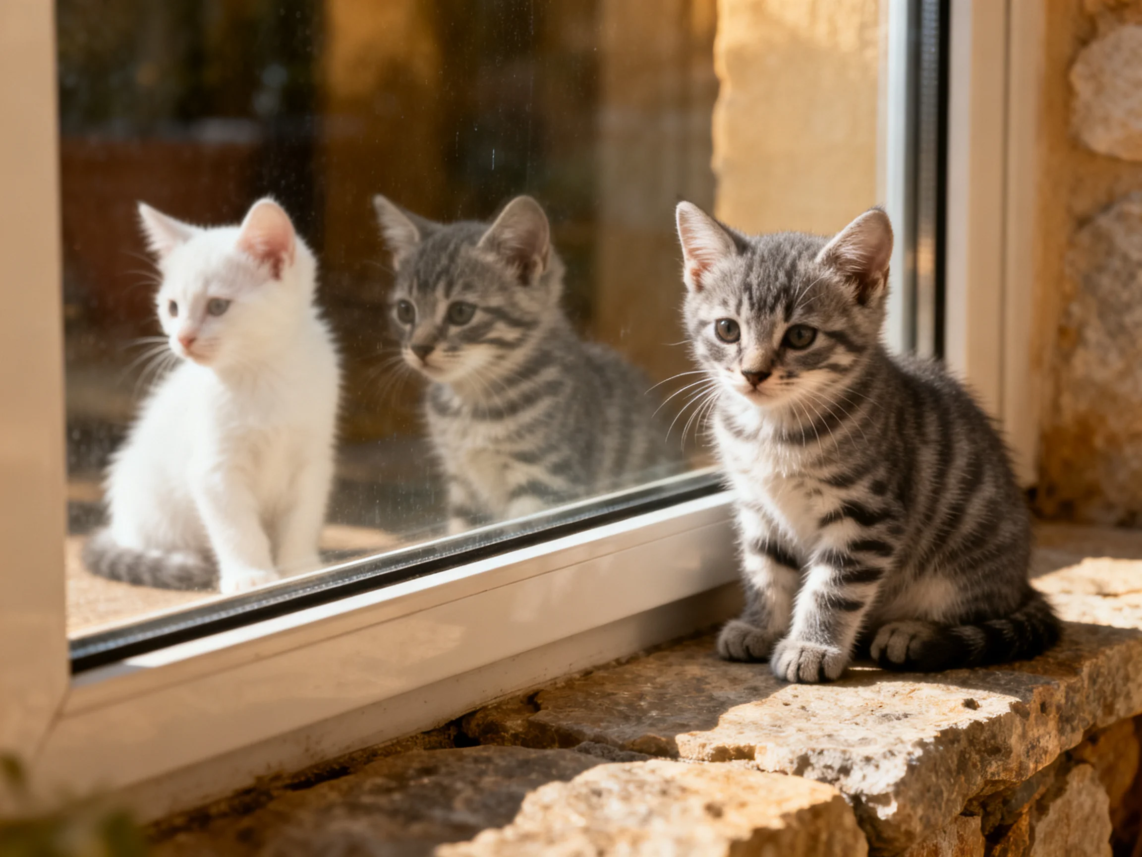 Two kittens, one white and one gray, sit by a reflective window