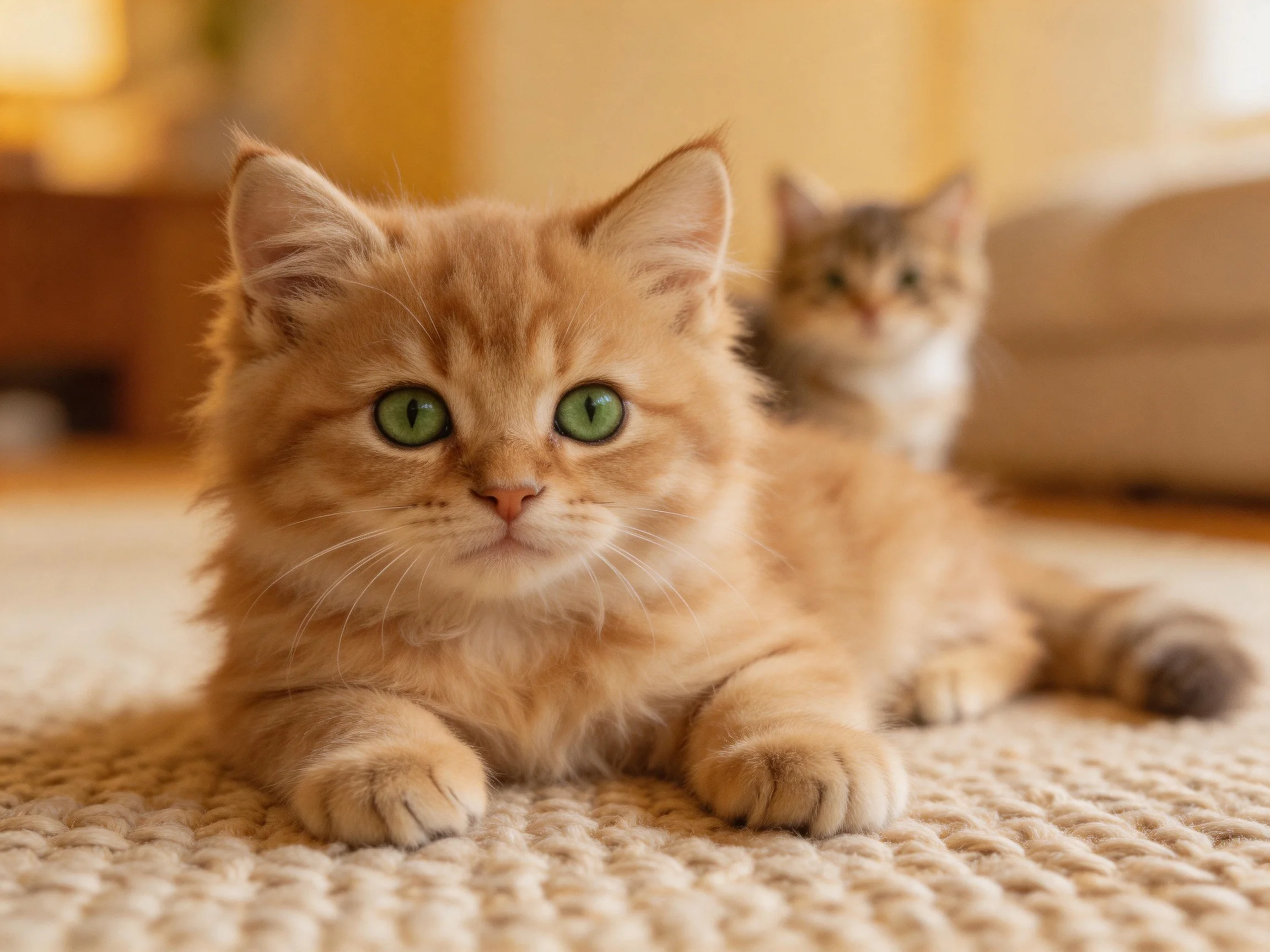 Two kittens rest on a carpet—one orange with green eyes, one tabby behind