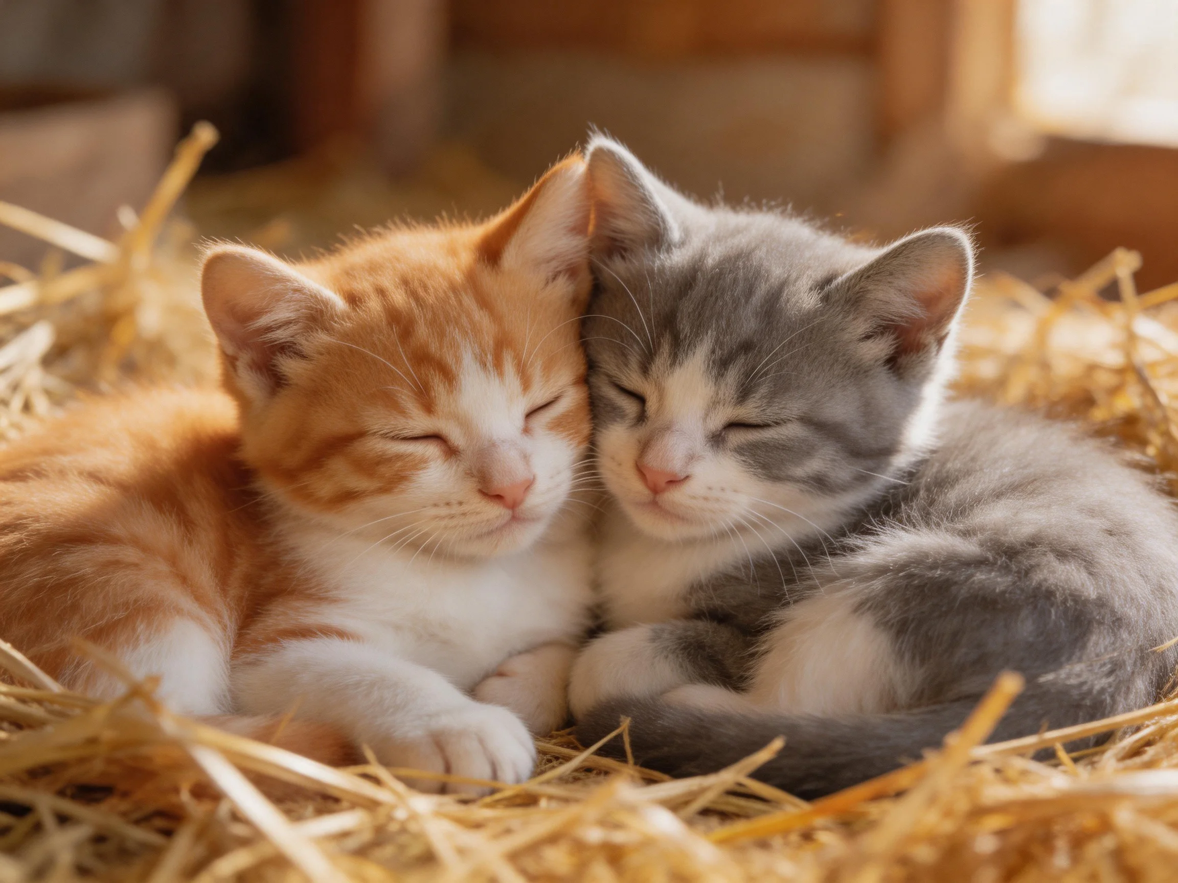 Two kittens snuggle on golden straw, one orange-white, one gray-white
