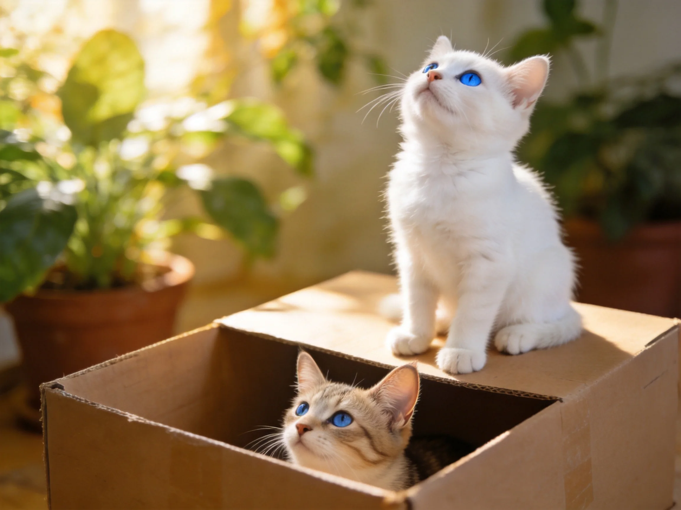 Two kittens with blue eyes explore a cardboard box near potted plants