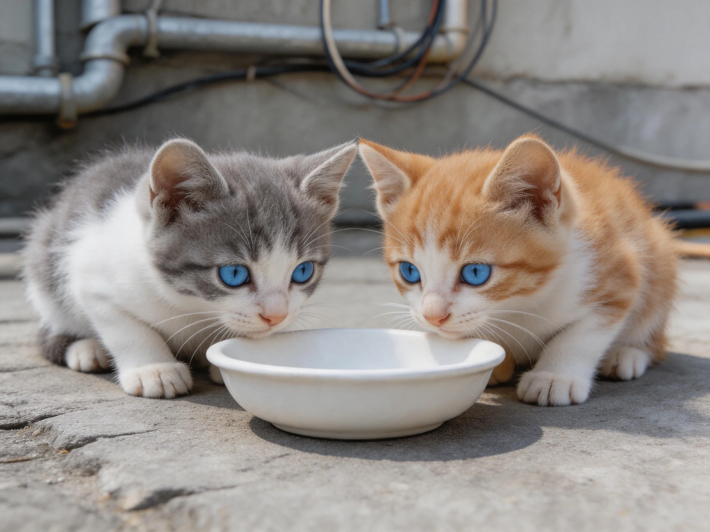 Two kittens with blue eyes share a white bowl on a concrete surface
