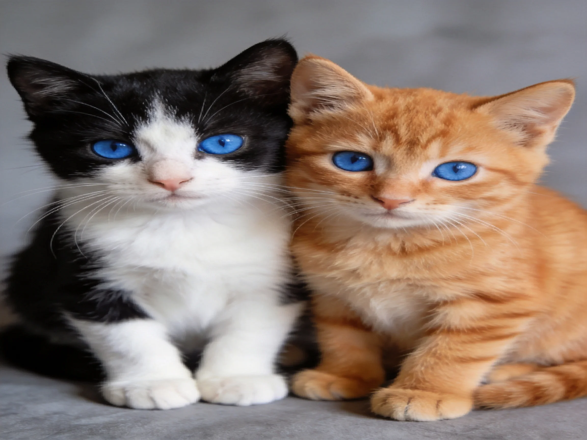 Two kittens with bright blue eyes—one black and white, one orange—sit closely together