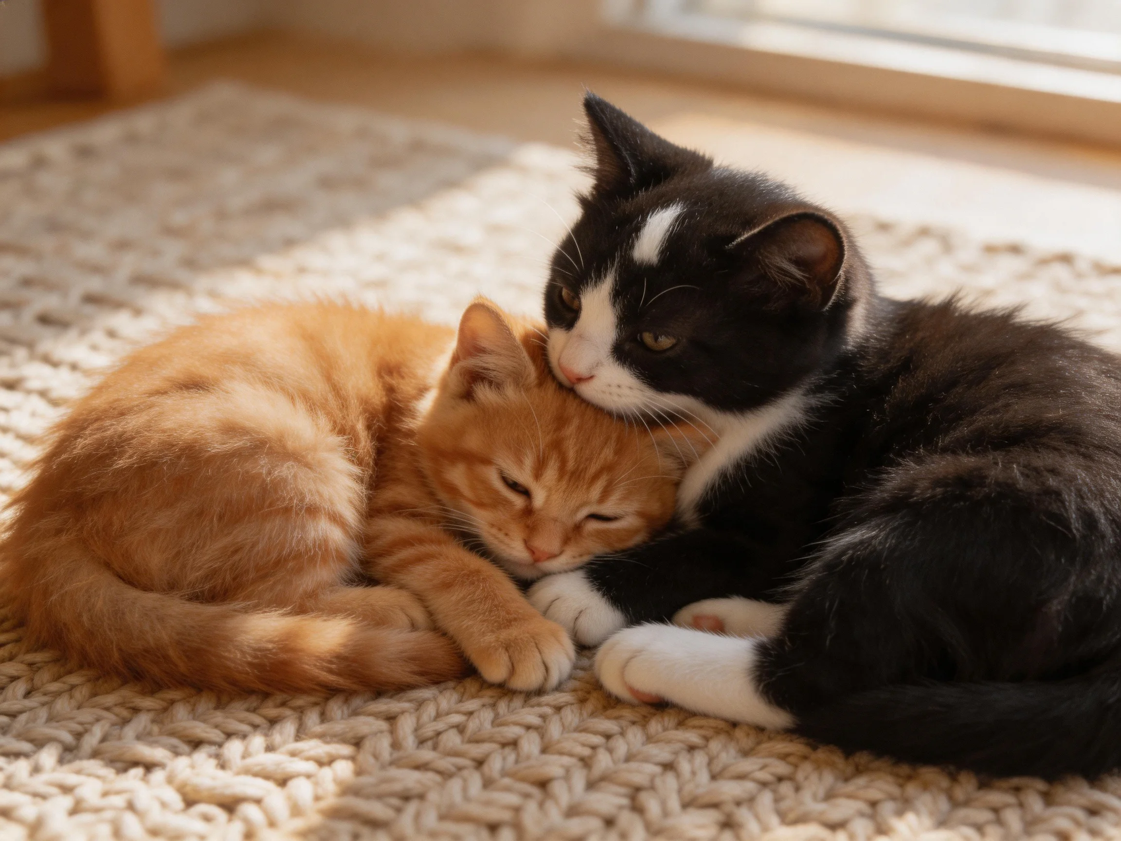 Two orange and black kittens cuddle on a cozy rug