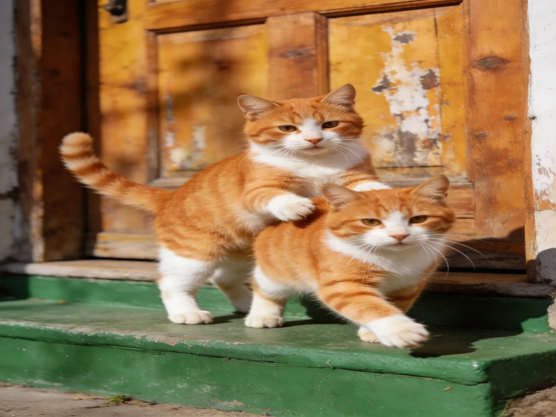 Two orange and white cats interact near an old wooden door.