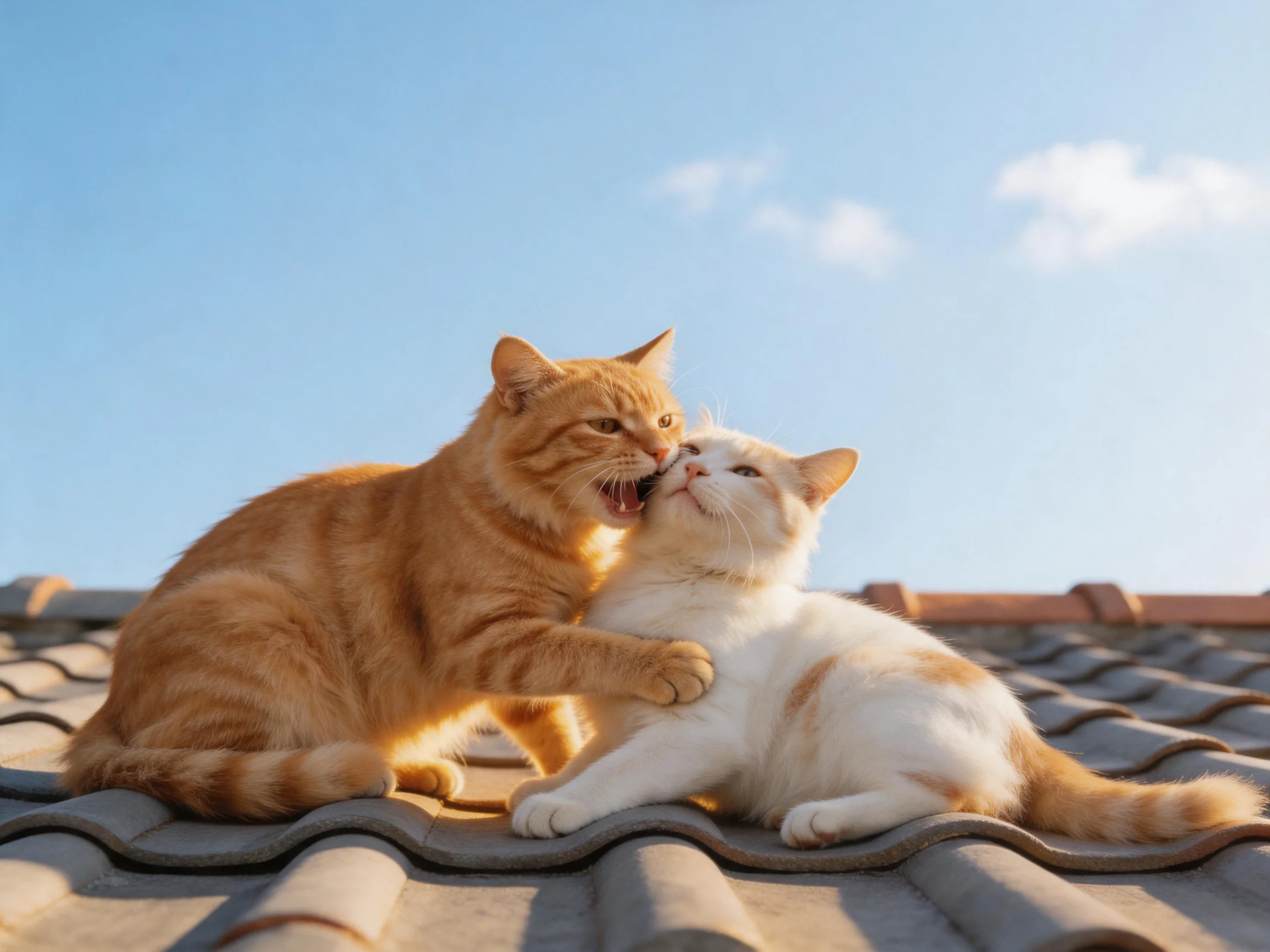 Two orange and white cats nuzzle on a tiled rooftop under bright blue sky