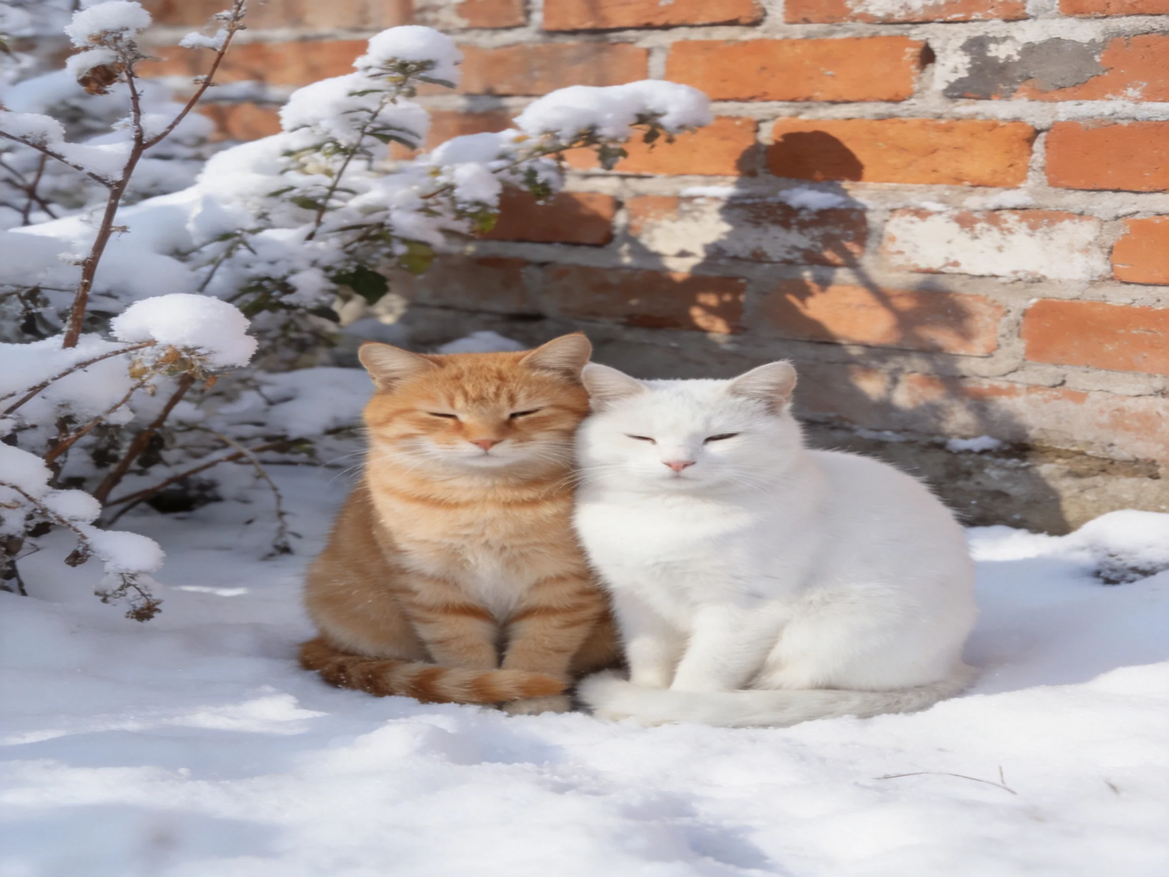 Two cats rest together in the snow beside a brick wall