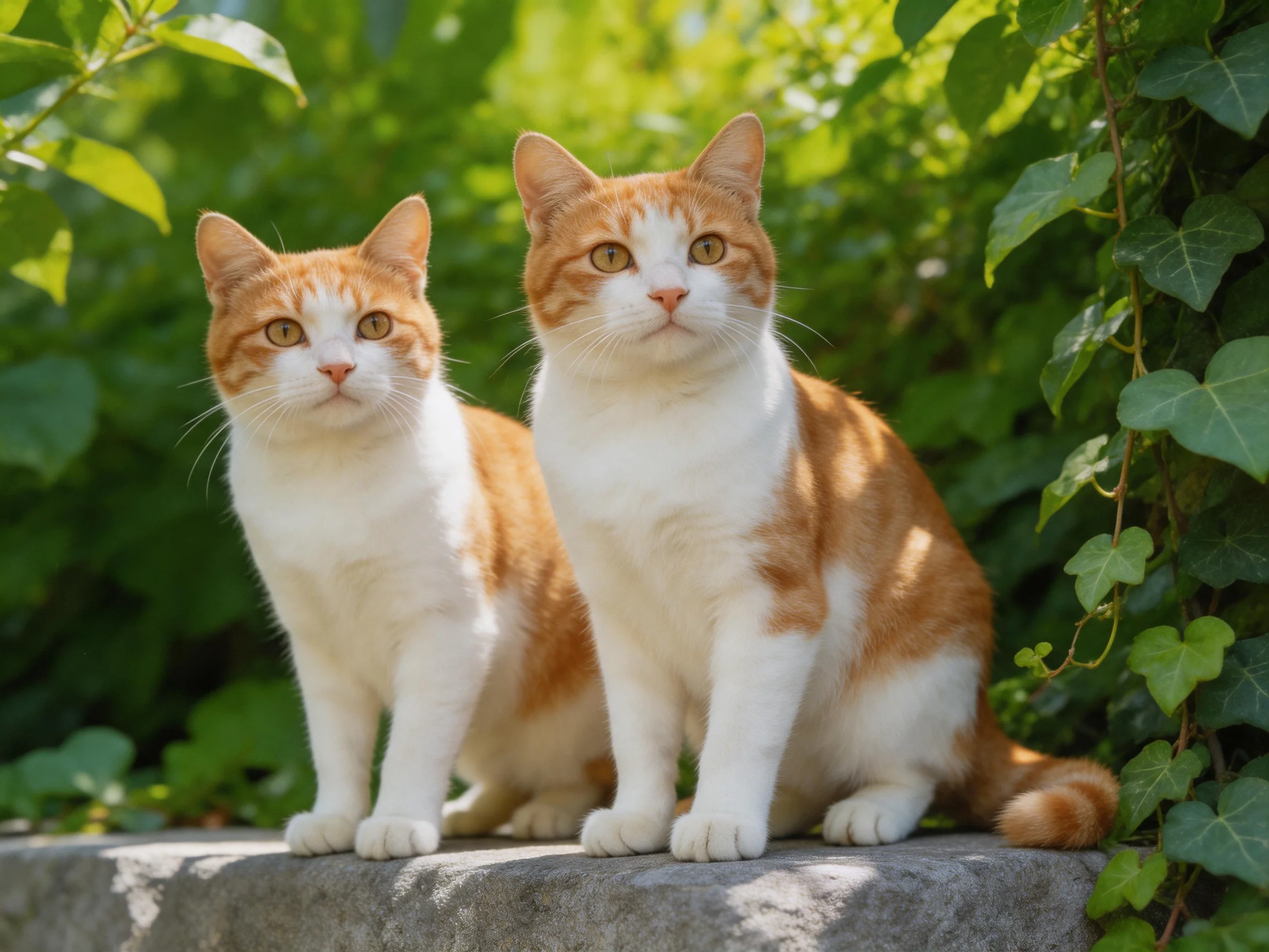 Two orange and white cats sit on a stone ledge in a sunlit garden