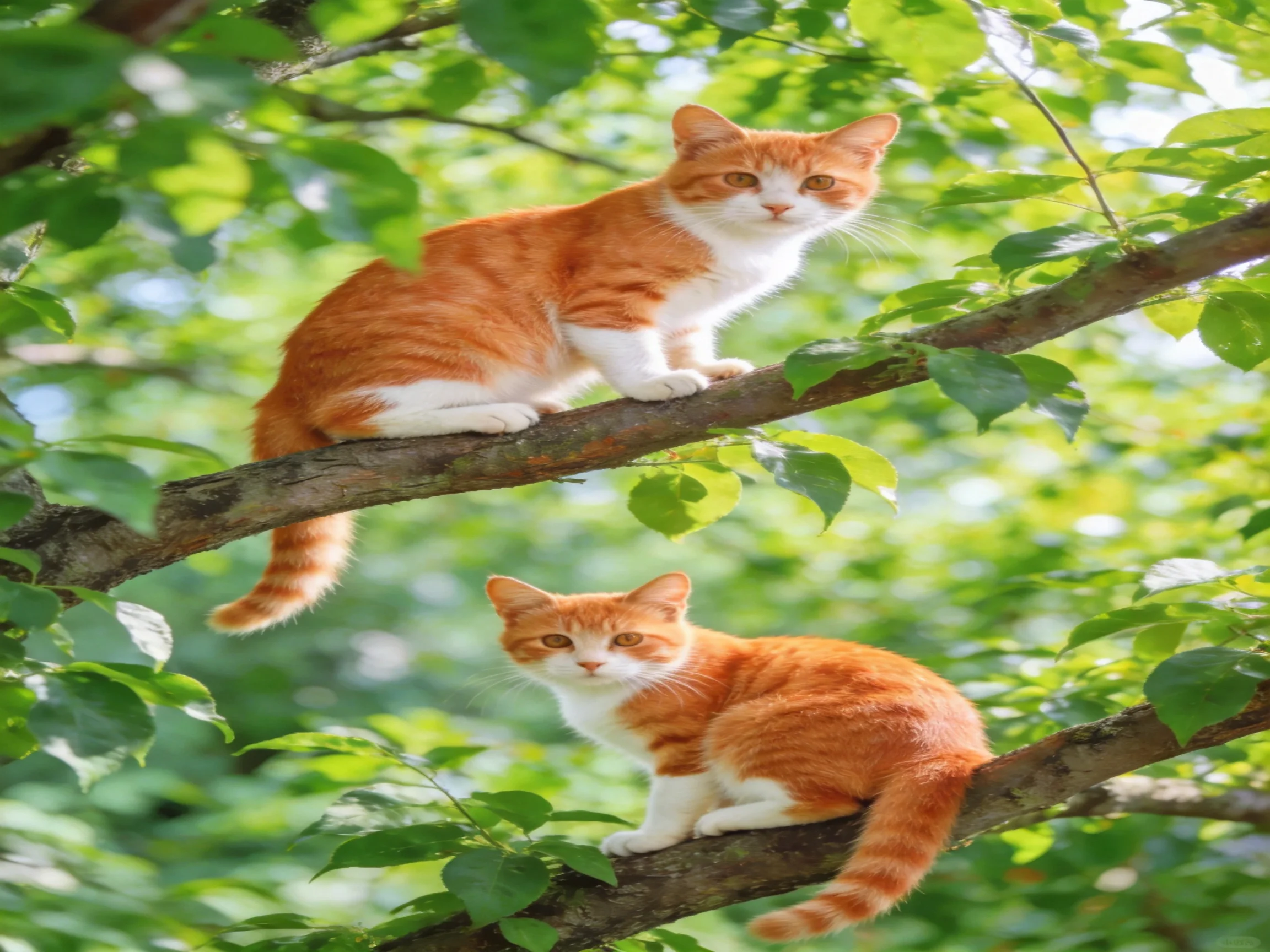 Two orange-and-white cats rest on separate tree branches amid abundant greenery.