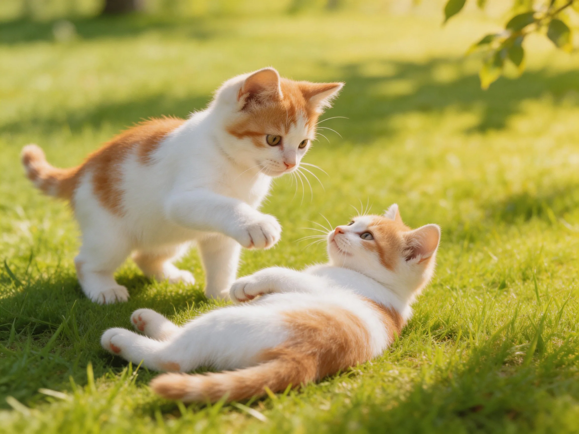 Two orange-and-white kittens play on a sunlit green lawn