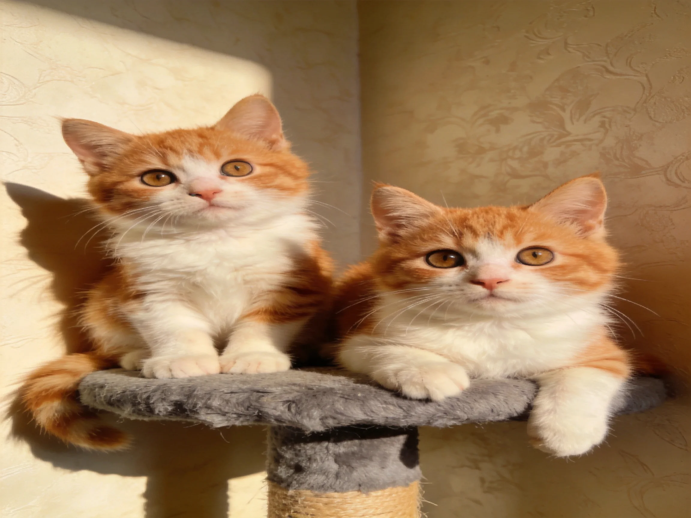 Two orange and white kittens rest on a gray cat tower beside patterned walls