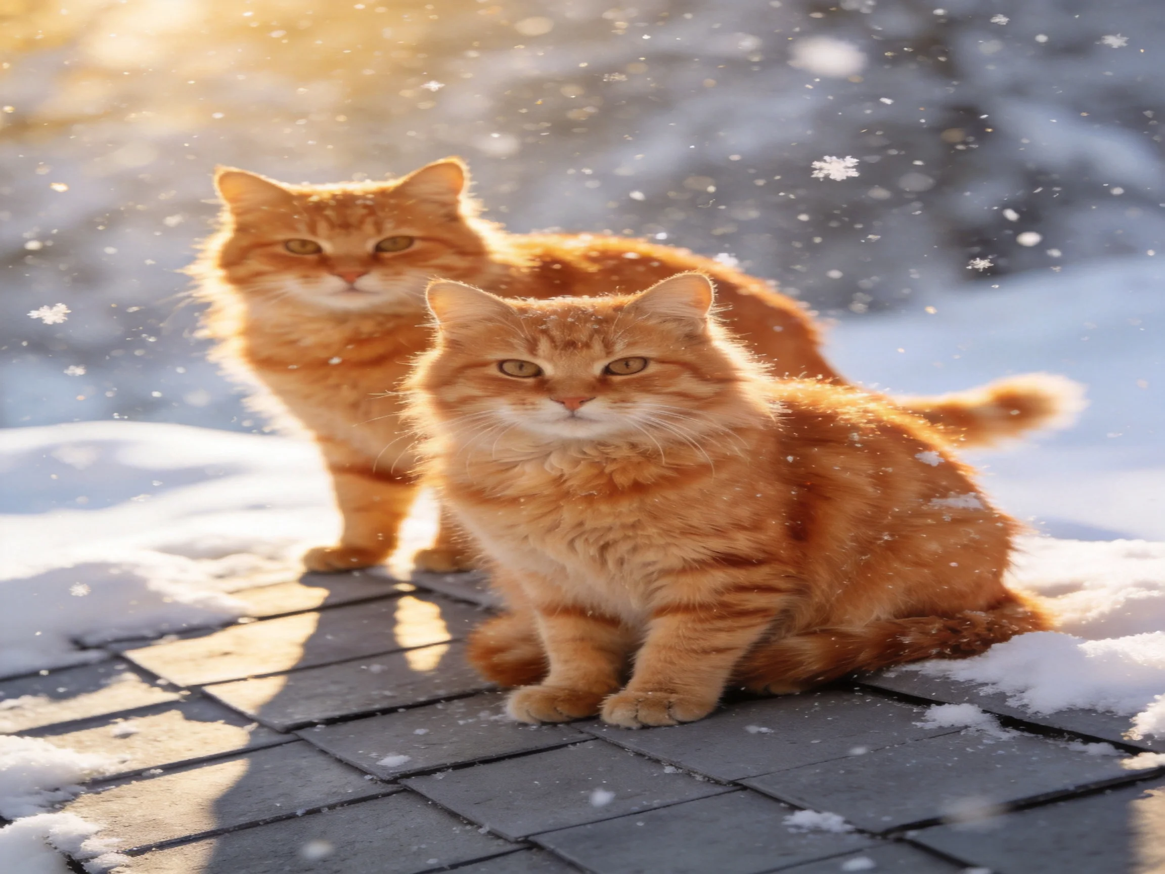Two orange cats, one sitting and one standing, rest on a snow-covered rooftop during a snowfall