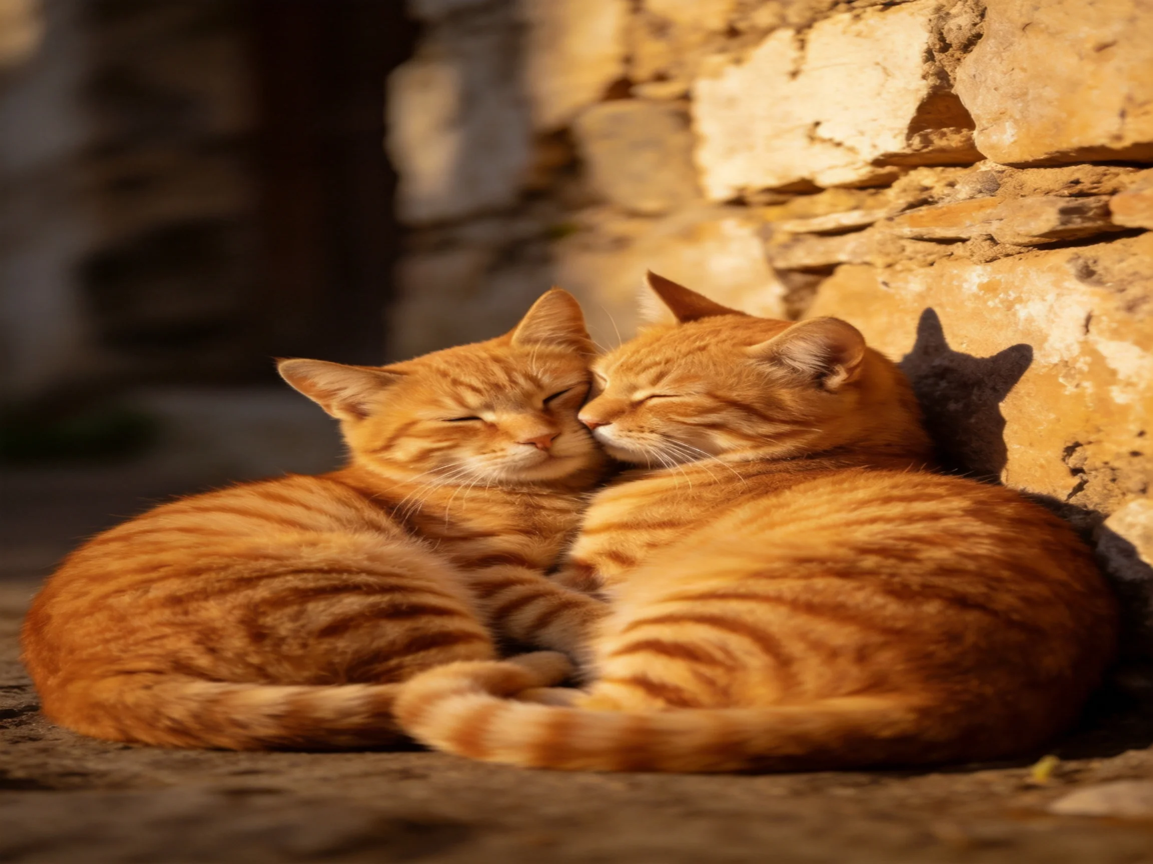 Two orange tabby cats cuddle against a rustic stone wall