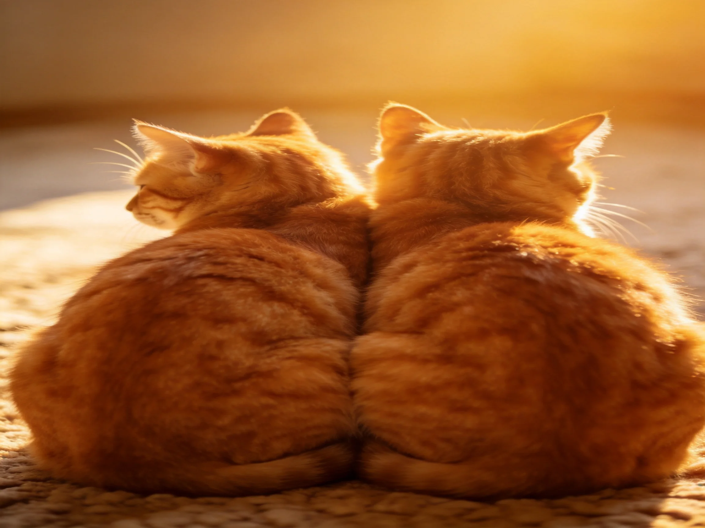 Two orange tabby cats cuddle closely in golden sunlight