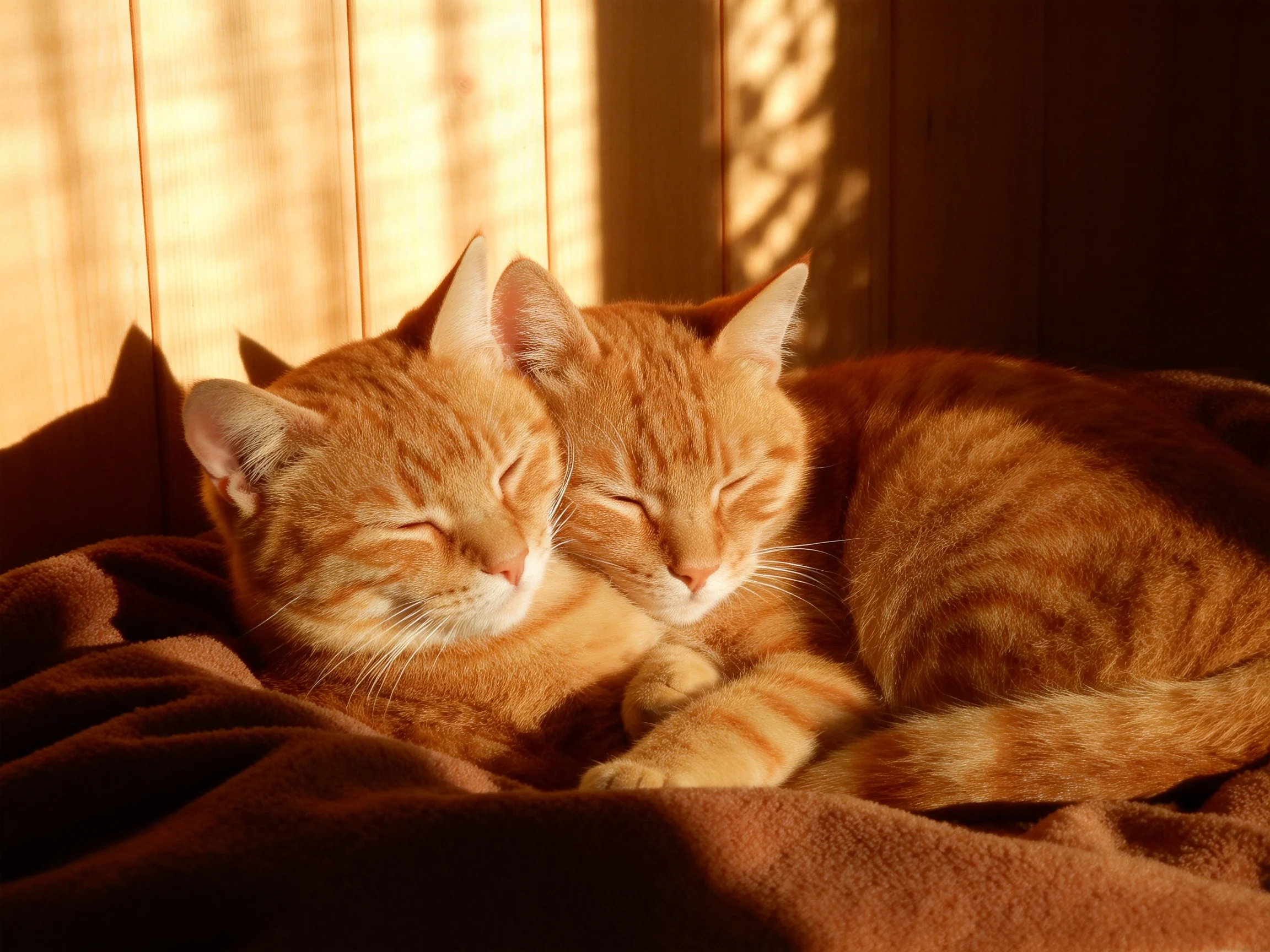 Two orange tabby cats cuddle on a brown blanket in warm sunlight