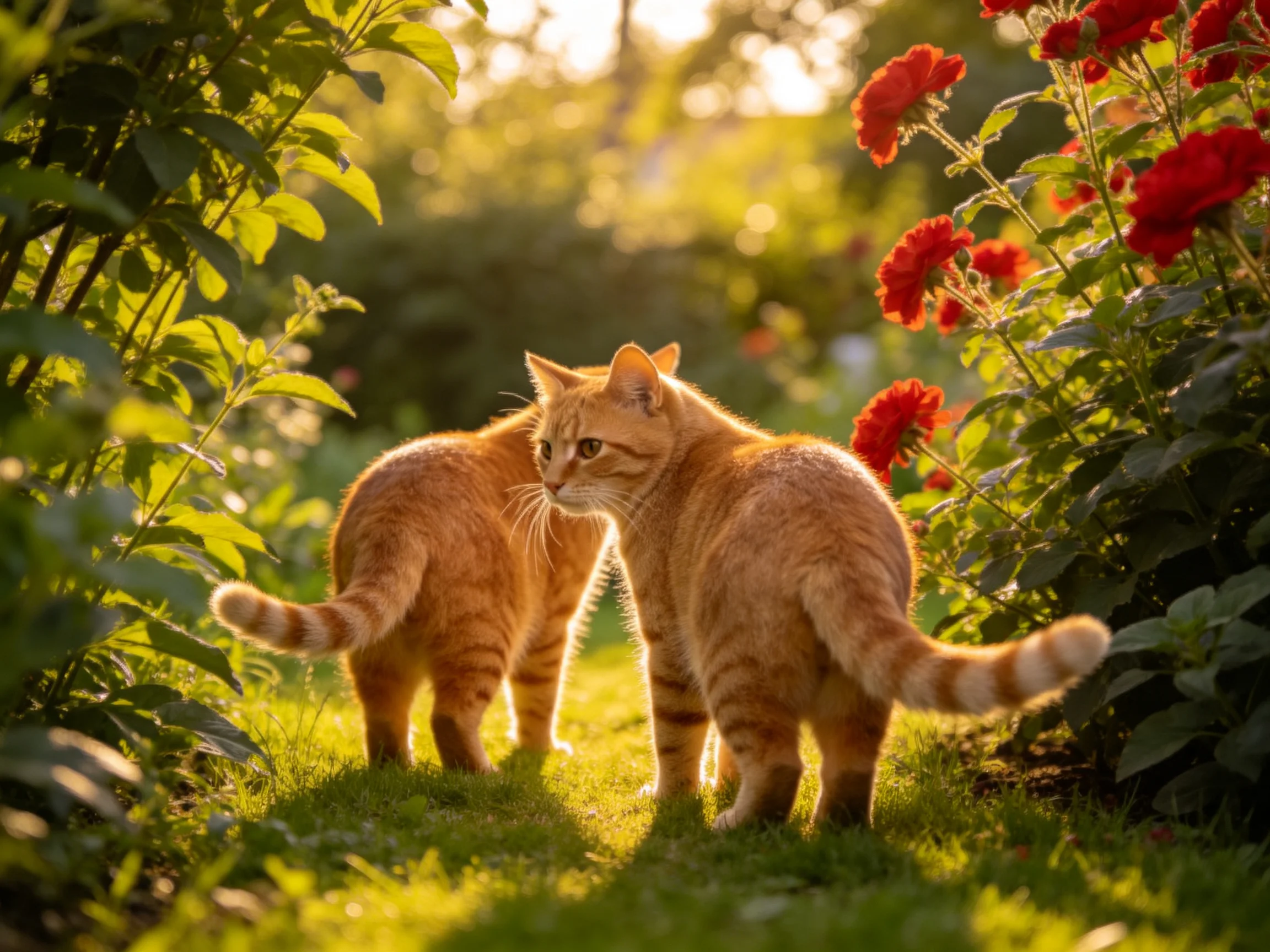 Two orange tabby cats explore a sun-drenched garden with vibrant red flowers