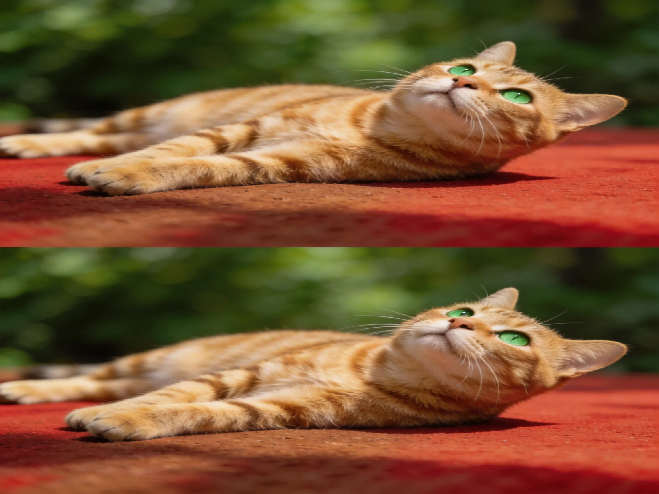 Two orange tabby cats relax on a red fabric in a sunlit area with greenery.