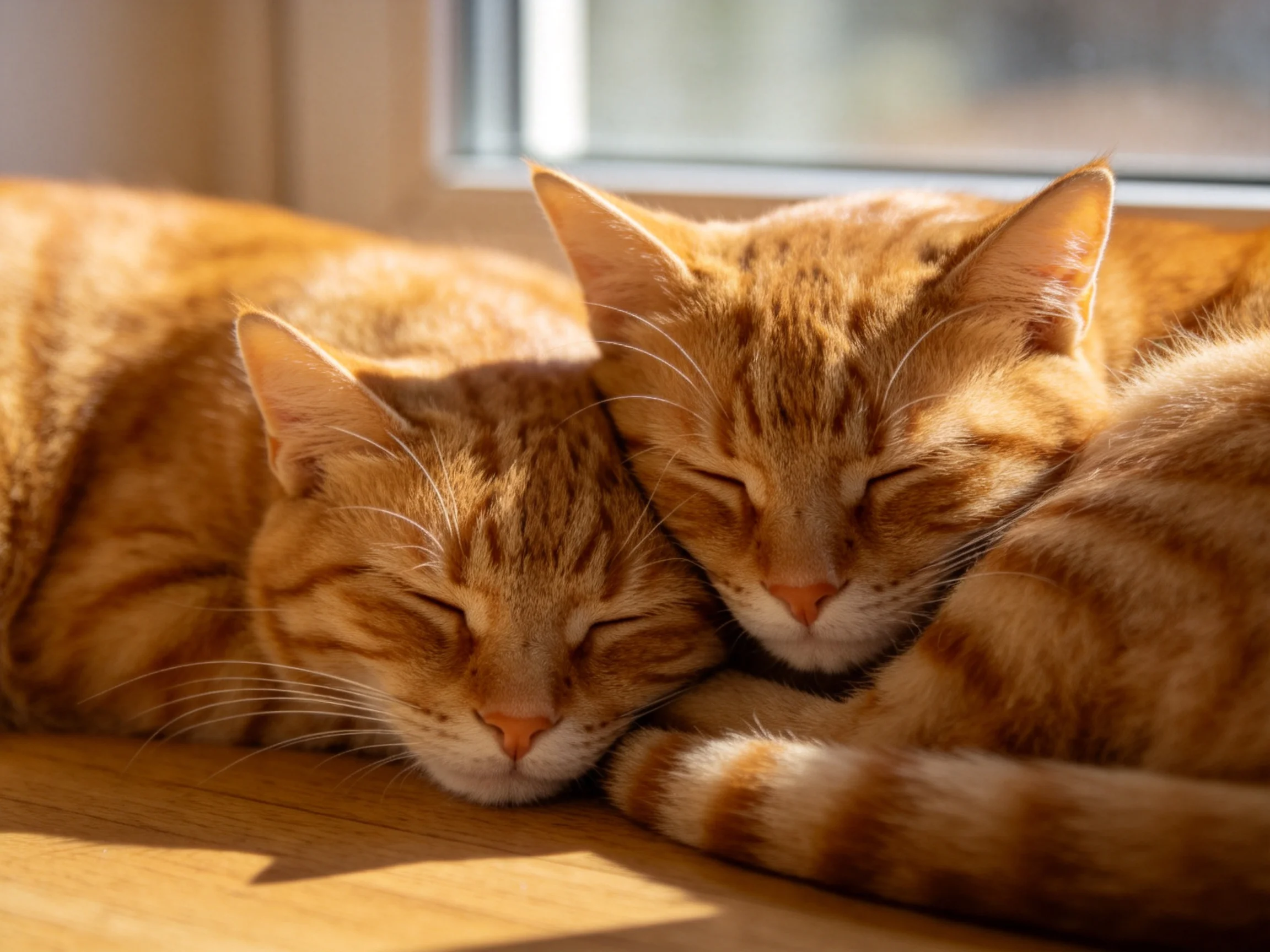 Two orange tabby cats napping closely beside a sunlit window
