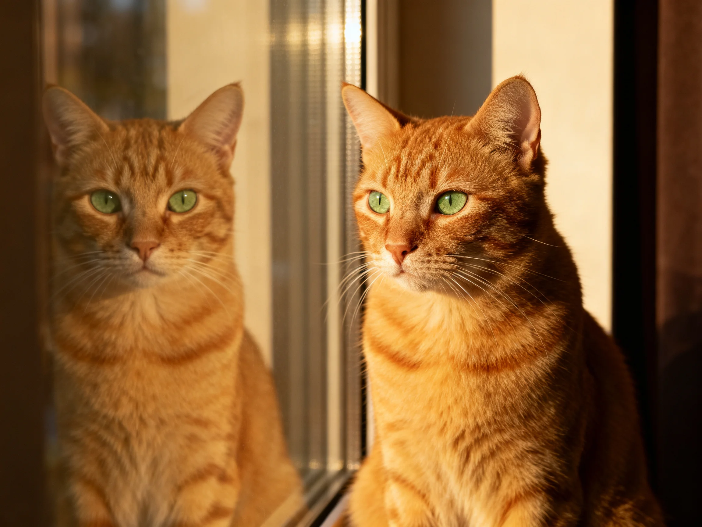 Two orange tabby cats sit by a window with a mirror reflection