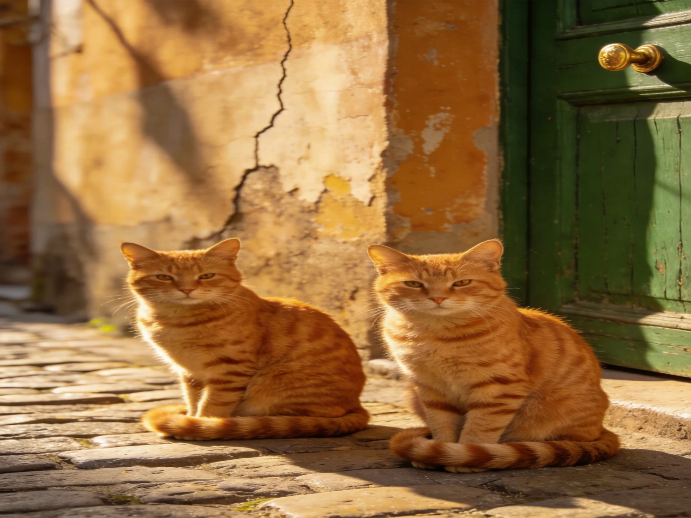 Two orange tabby cats sit on a cobblestone path near an old building.