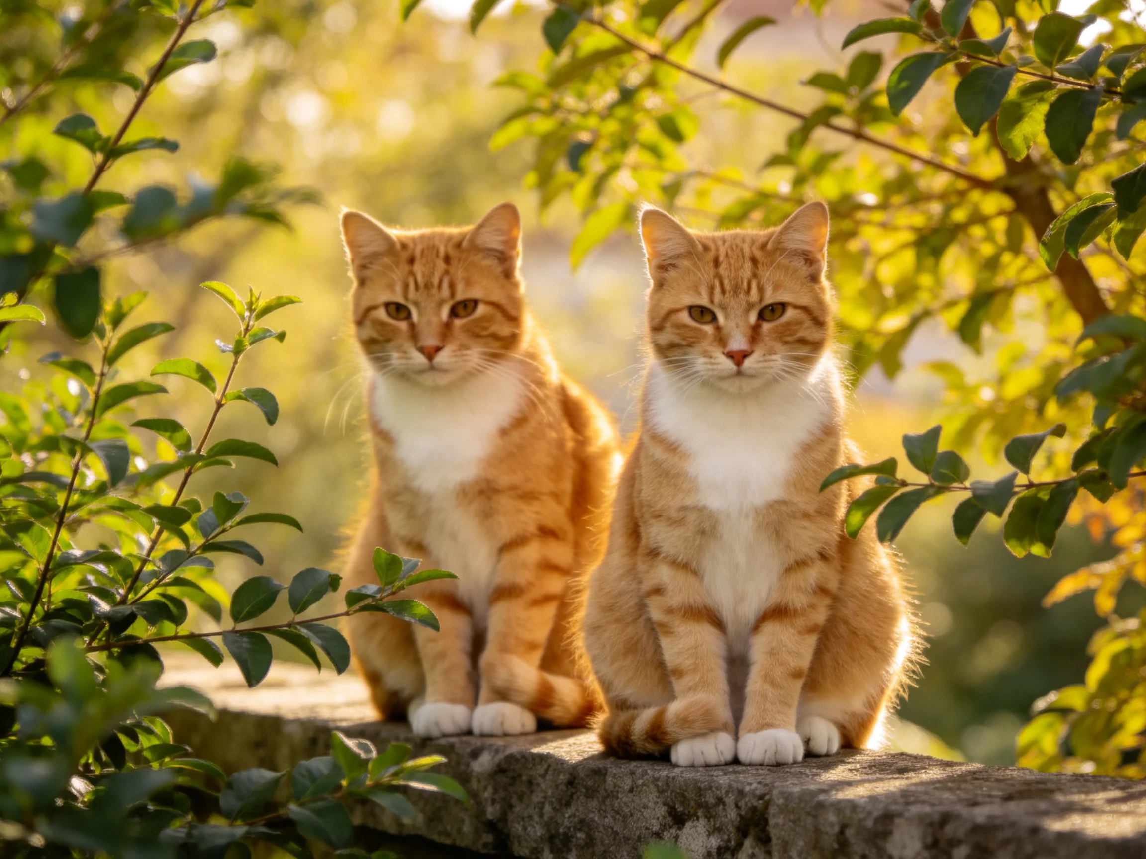 Two orange tabby cats sit on a stone ledge amid lush green foliage