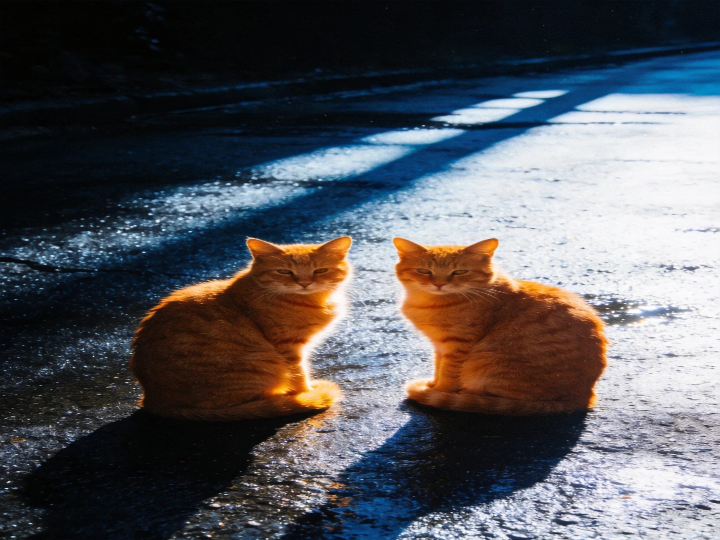 Two orange tabby cats sit on wet pavement lit by sunlight.