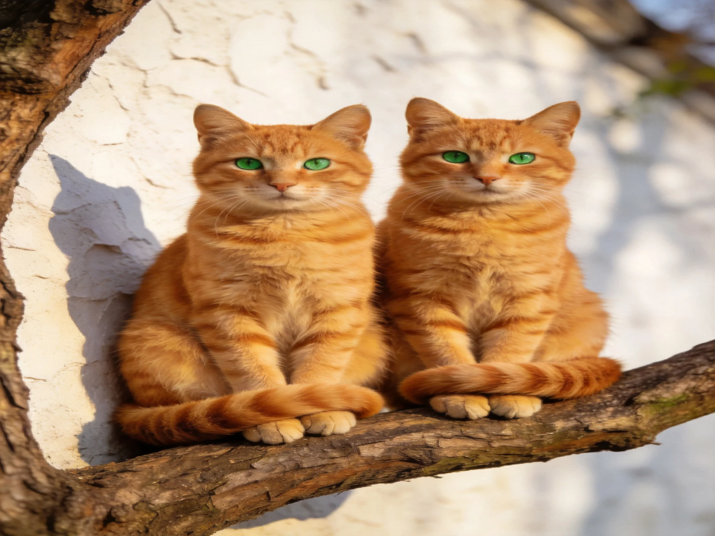 Two orange tabby cats sit together on a tree branch near a white wall