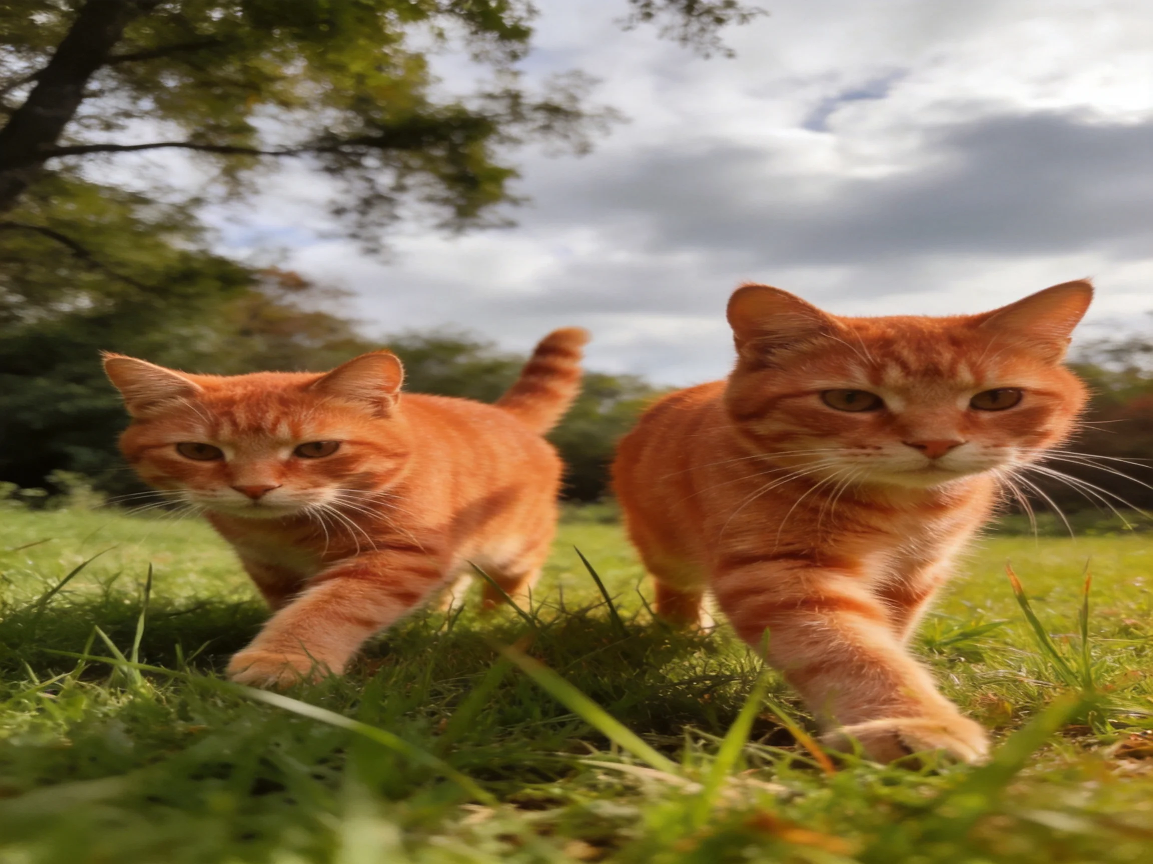Two orange tabby cats move through grass in an outdoor area.