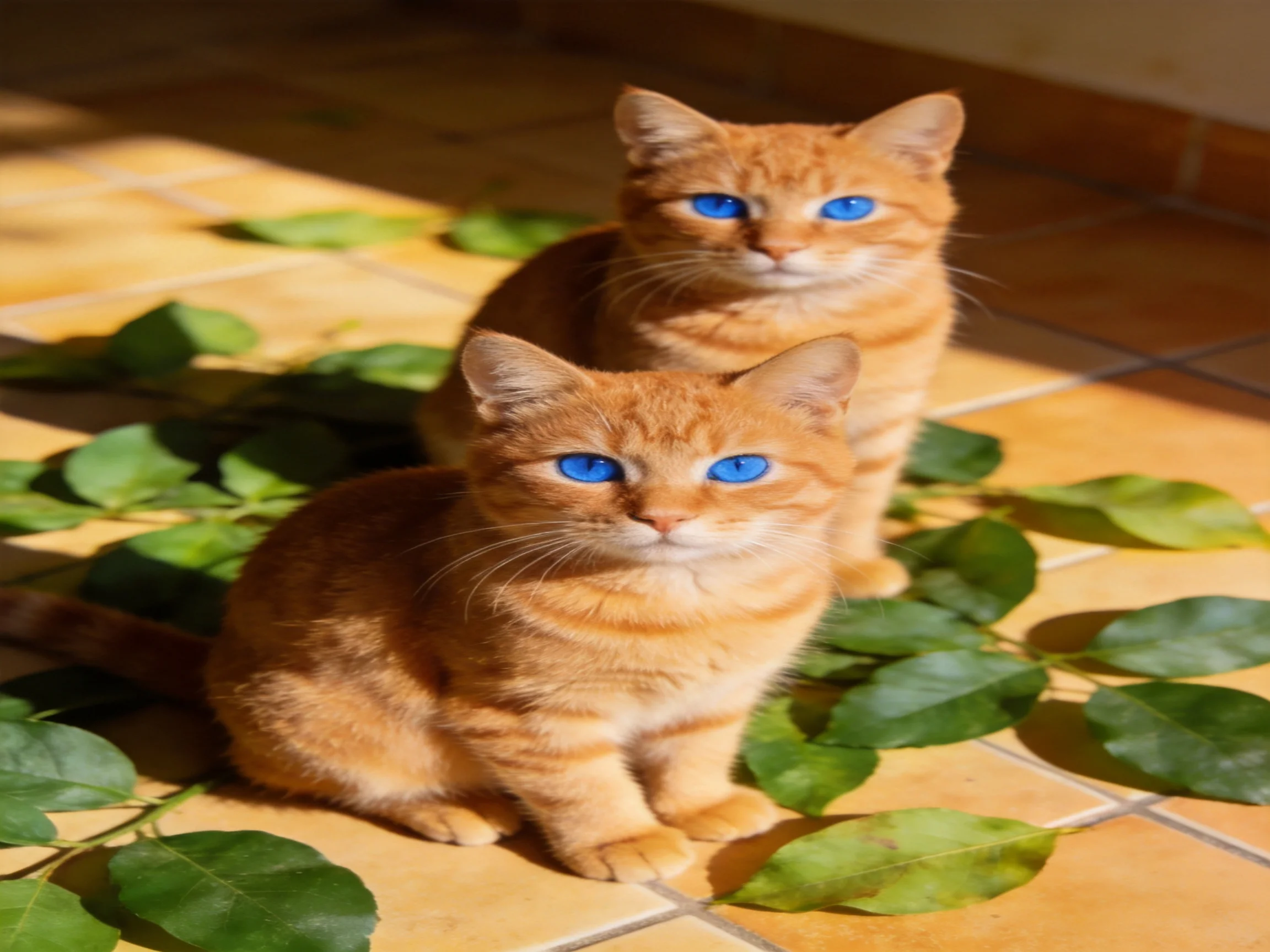 Two orange tabby cats with blue eyes sit among green leaves on a tiled surface