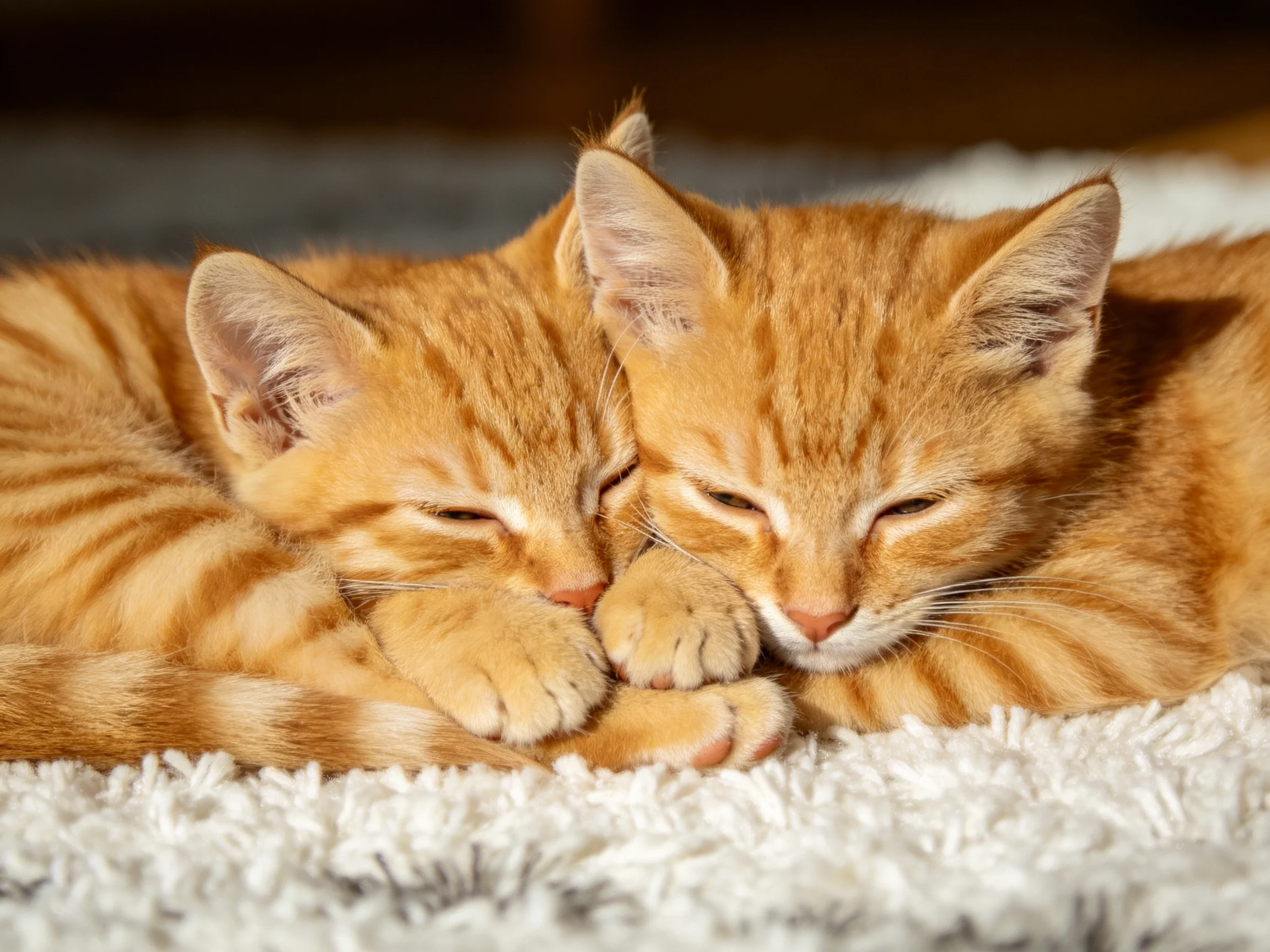 Two orange tabby kittens cuddle on a fluffy white rug