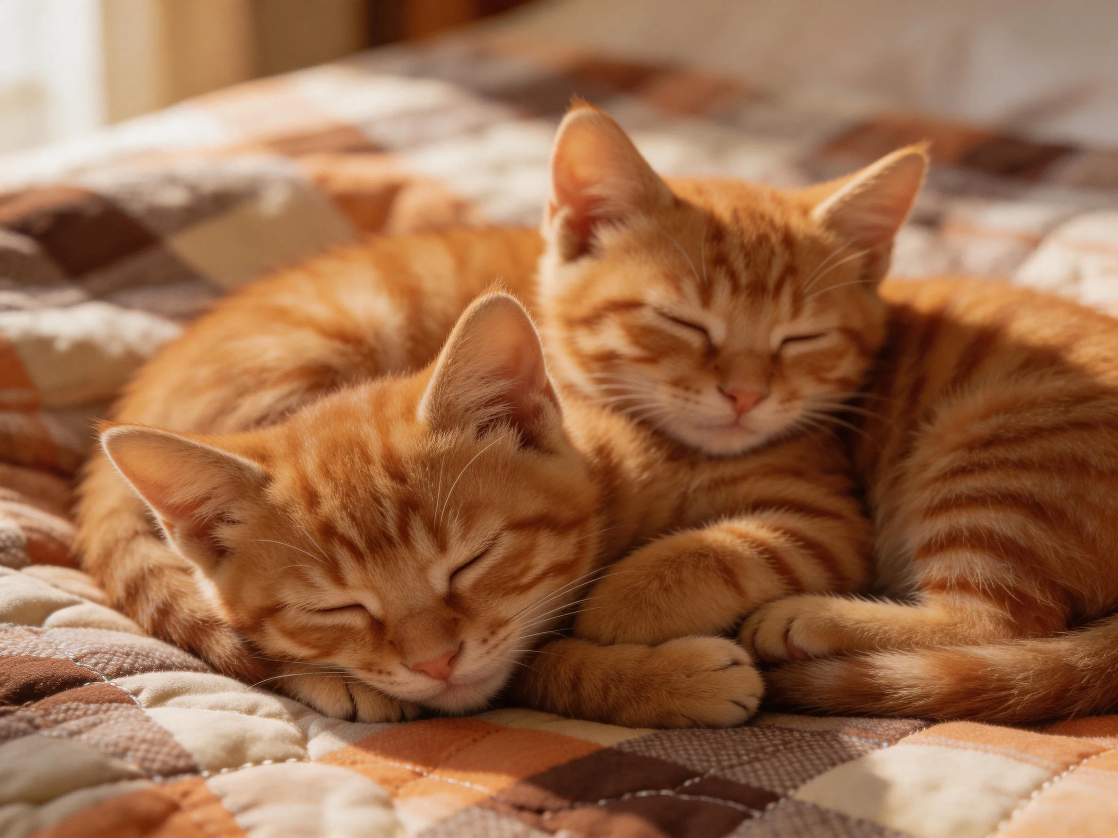 Two orange tabby kittens napping on a patterned quilt