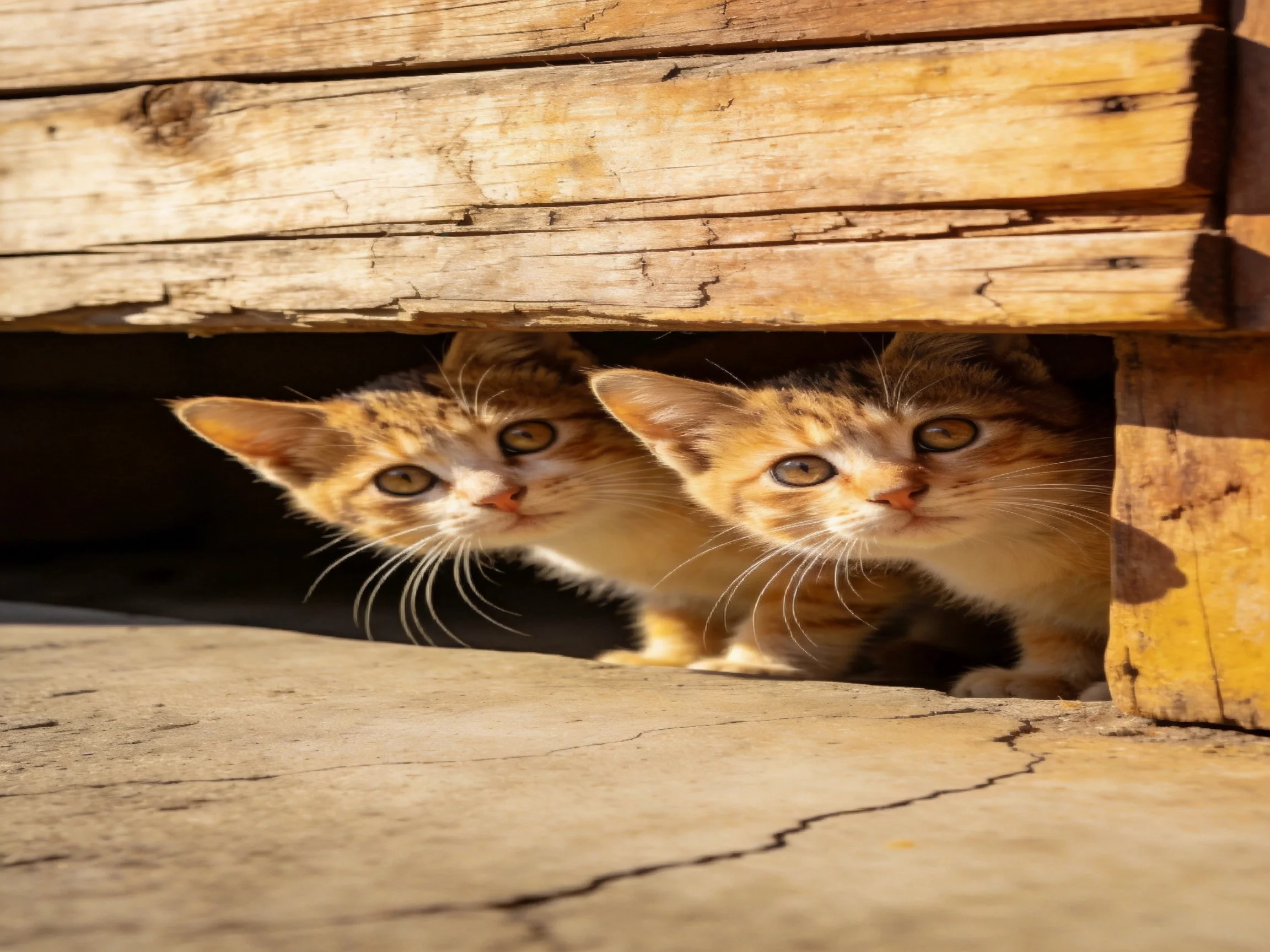 Two orange tabby kittens peek from a weathered wooden crevice