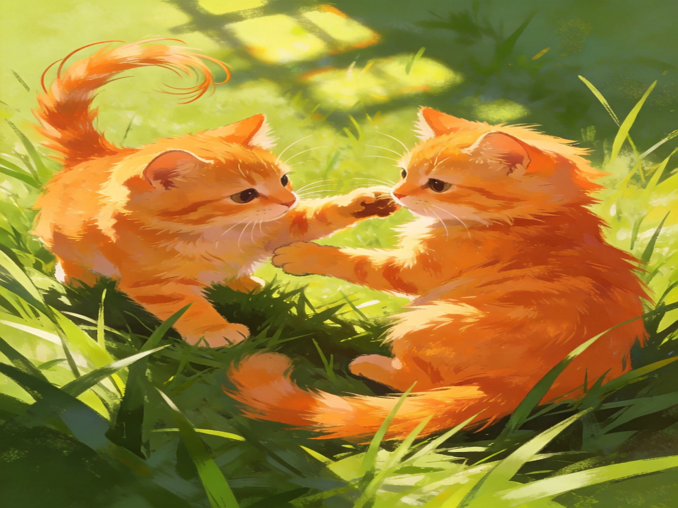 Two orange tabby kittens play in sunlit green grass
