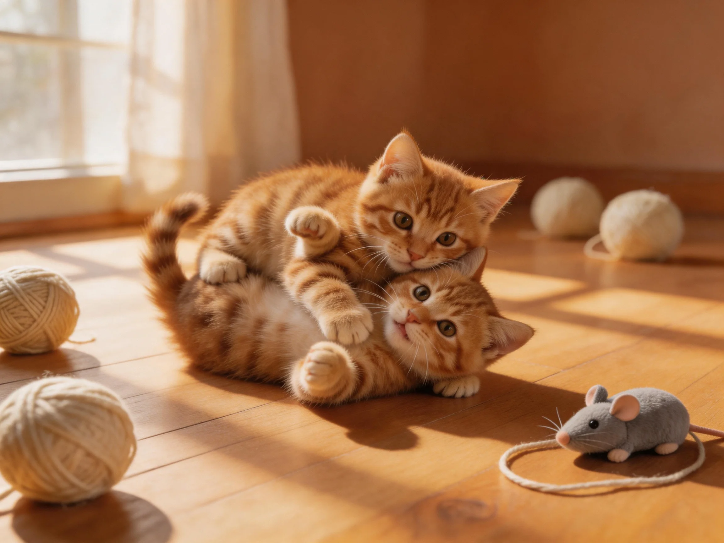 Two orange tabby kittens play near cream yarn balls and a gray toy mouse