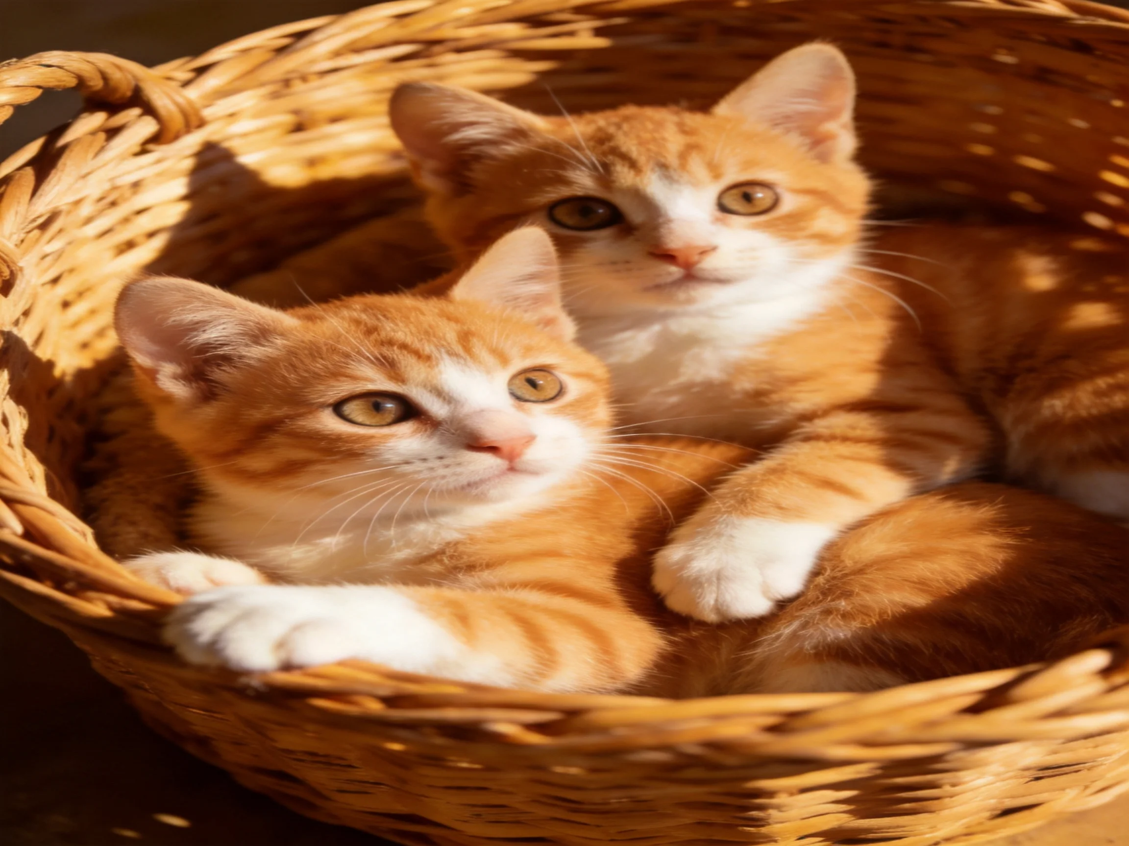 Two orange tabby kittens relax in a woven wicker basket under warm sunlight